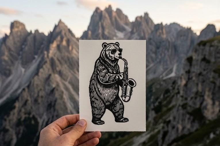 Original linocut print Jazz Bear Linocut Print — ink texture and paper detail view