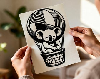 Impresión linográfica de un koala en globo aerostático, arte infantil caprichoso (tamaño A5)