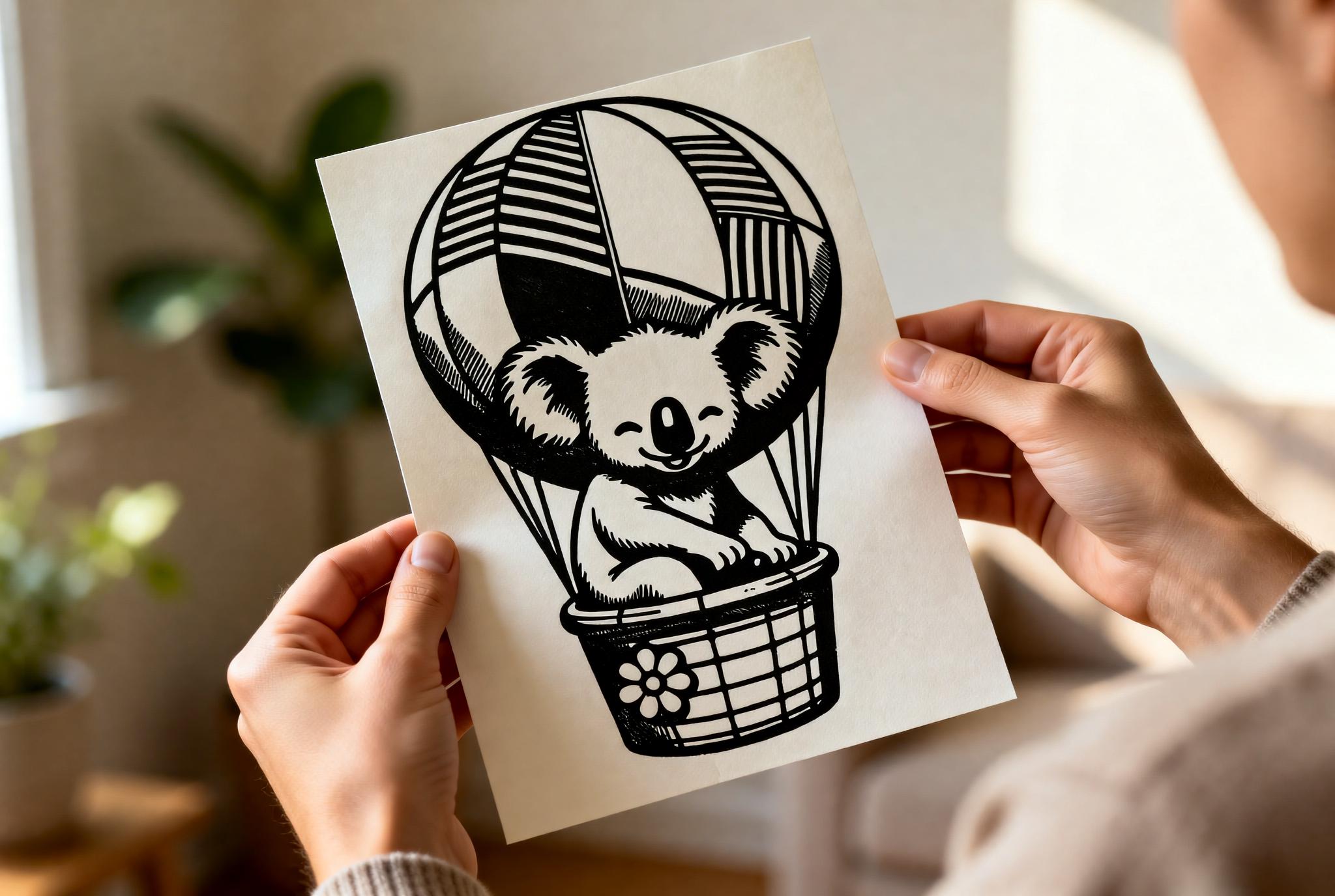Handmade linocut print of a koala curled up peacefully in a hot air balloon basket floating in the sky
