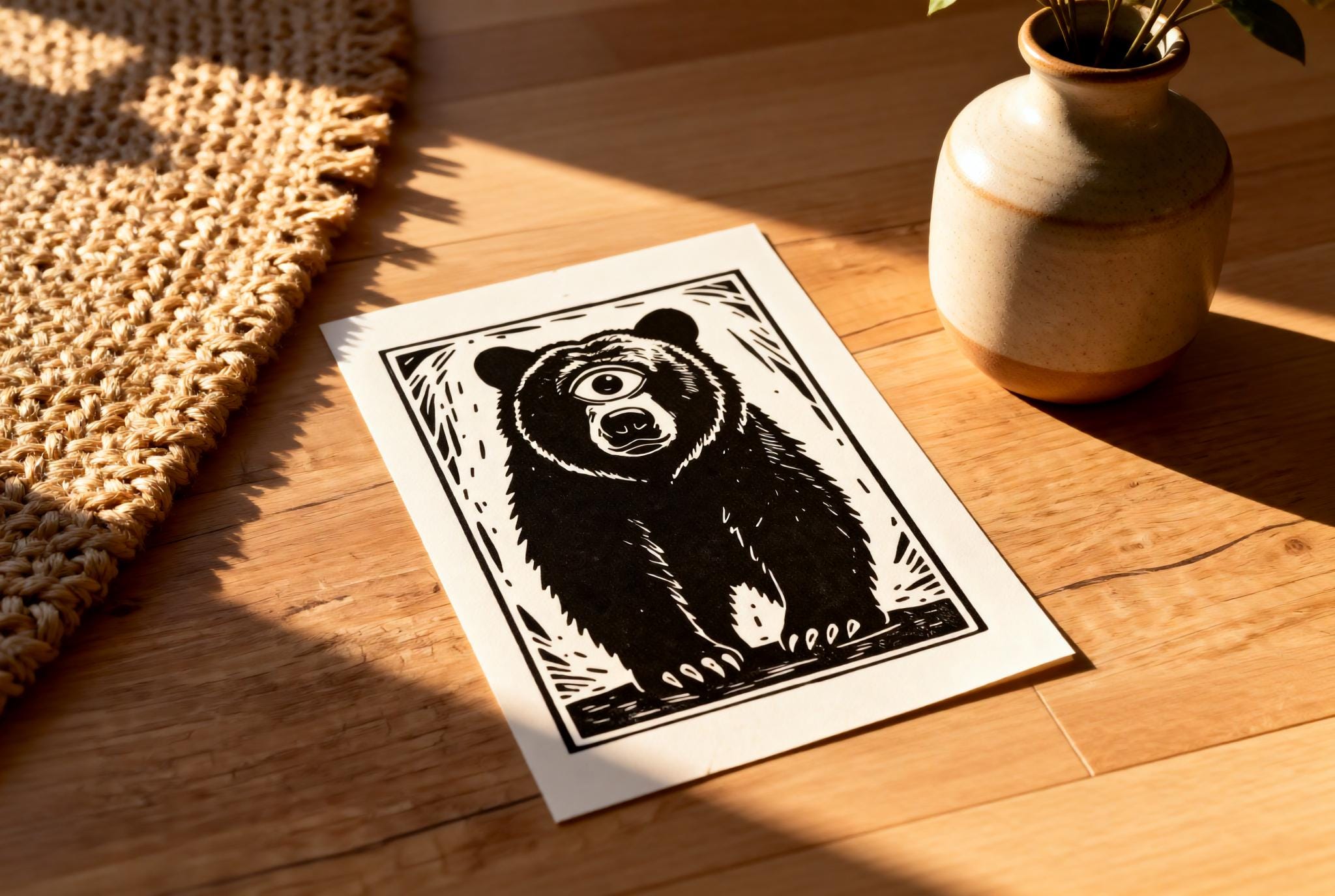 Surreal Cyclops Bear Linocut Print handmade block print on 300gsm watercolor paper A5 size