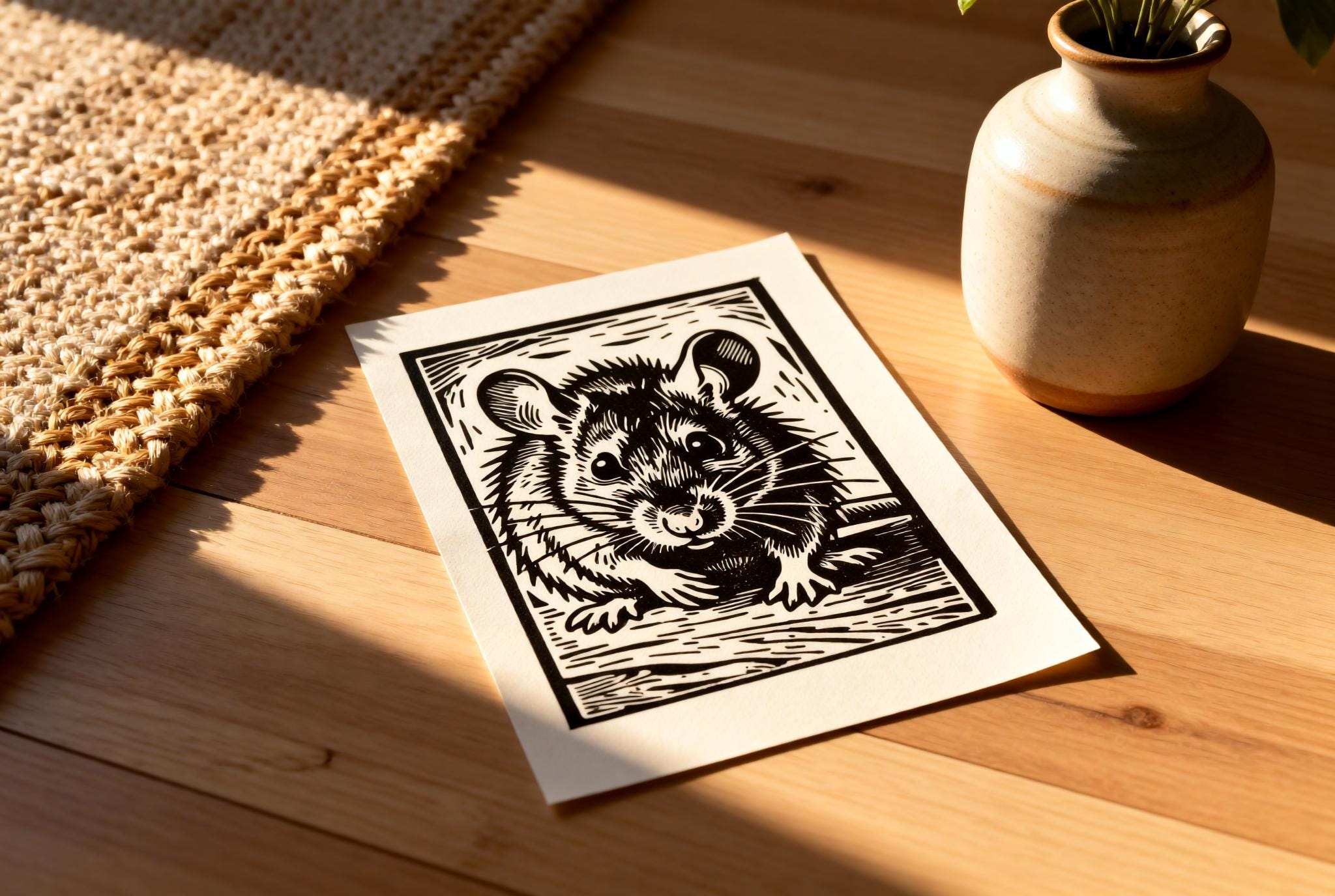 Hand-printed Handmade Mouse Linocut Print A5 art print — black ink on white cotton paper