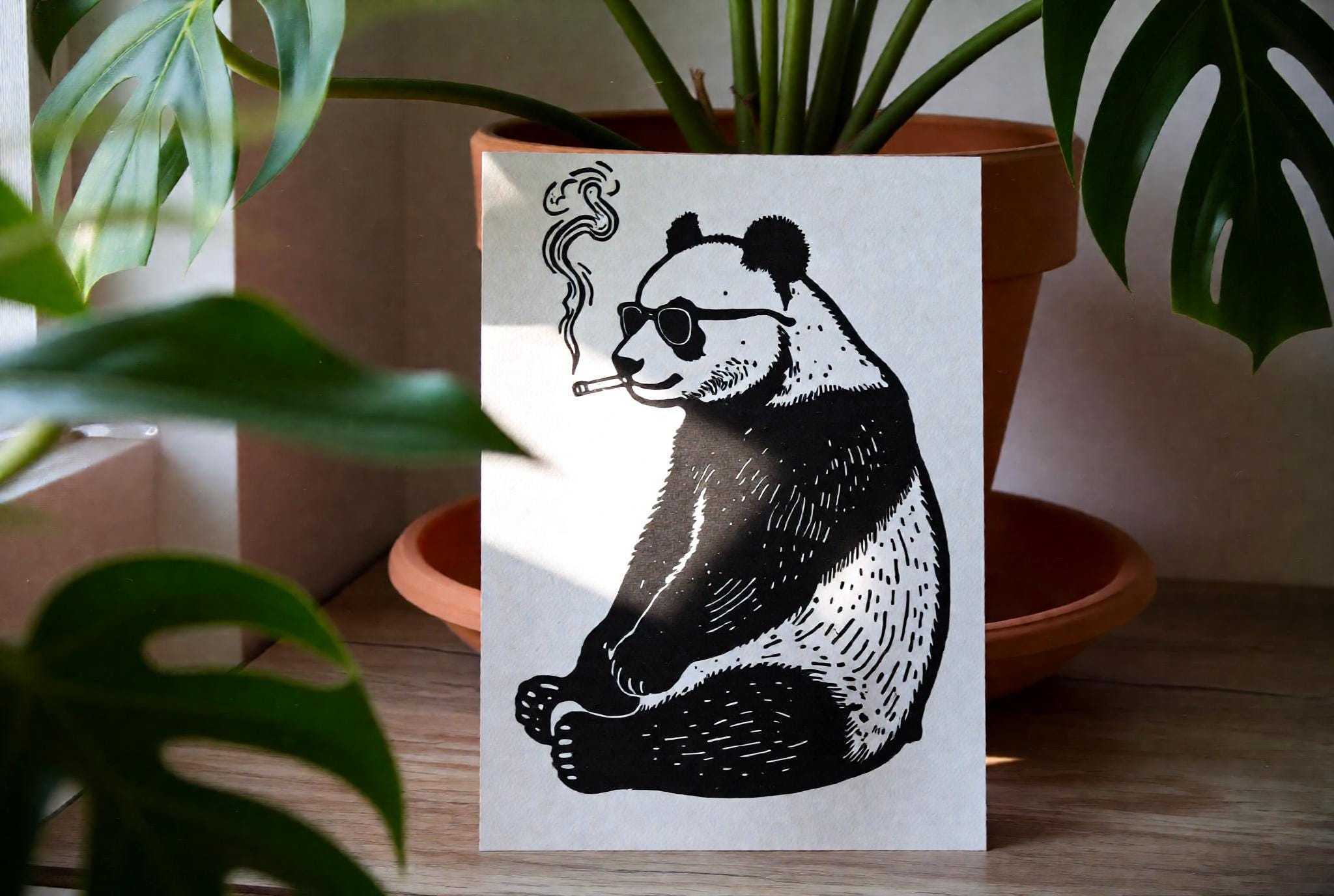 Original linocut print Smoking Panda Wearing Sunglasses Linocut Print — ink texture and paper detail view