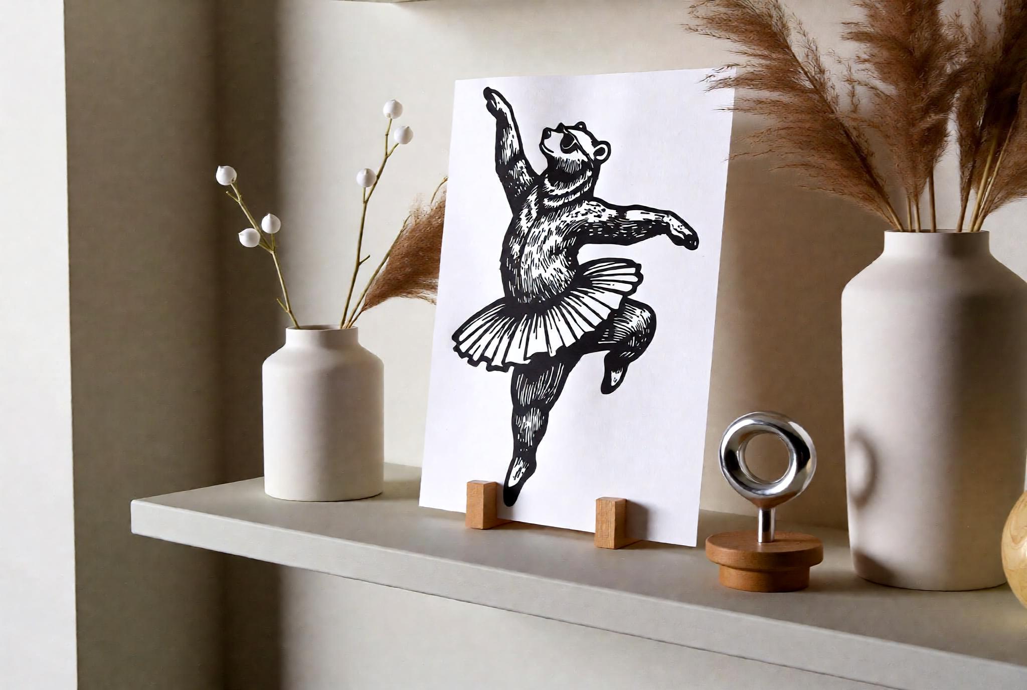 Ballerina Bear Dancing Linocut Print handmade block print on 300gsm watercolor paper A5 size