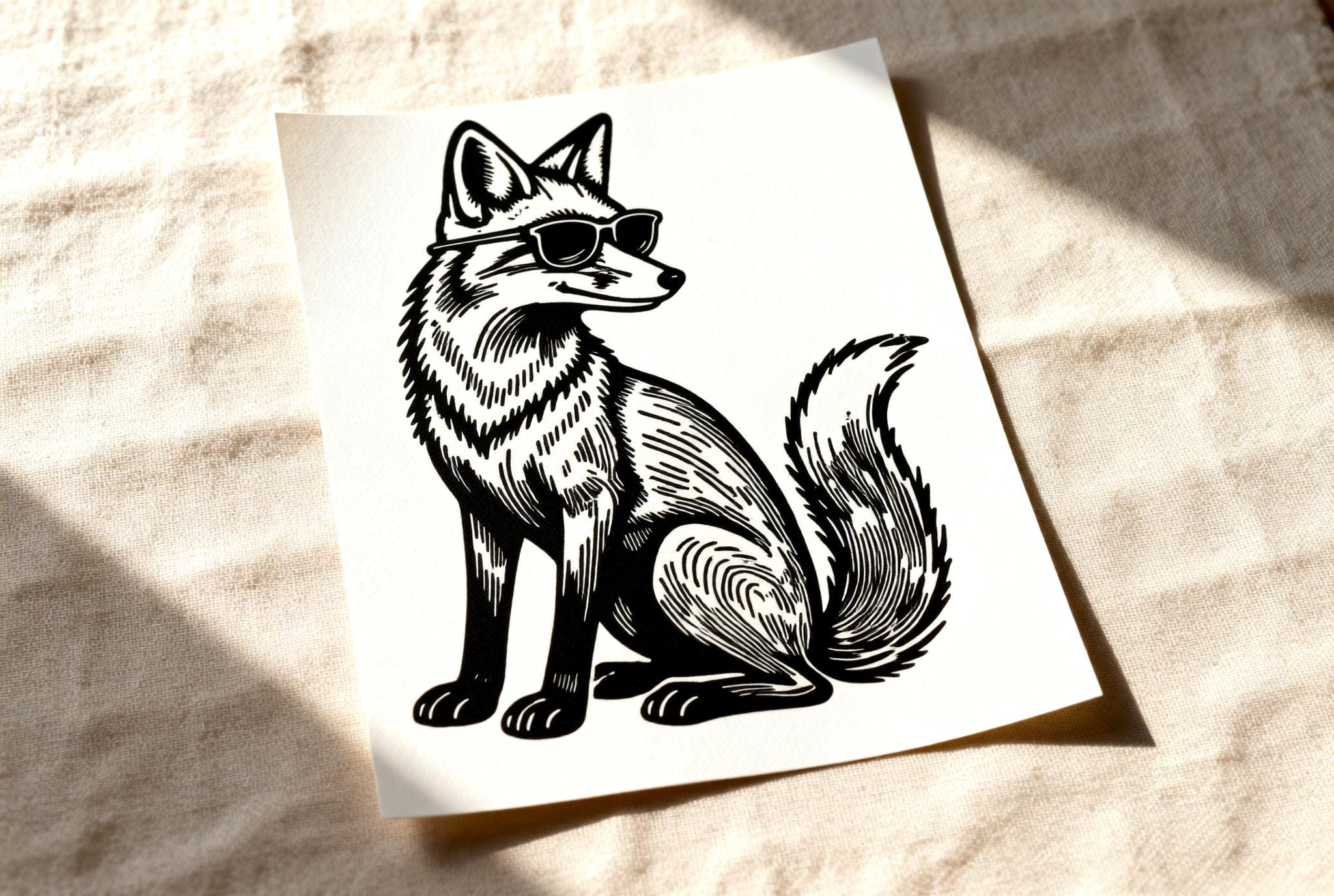 Handmade linocut print of a cool fox wearing sunglasses sitting calmly, minimalist woodland art