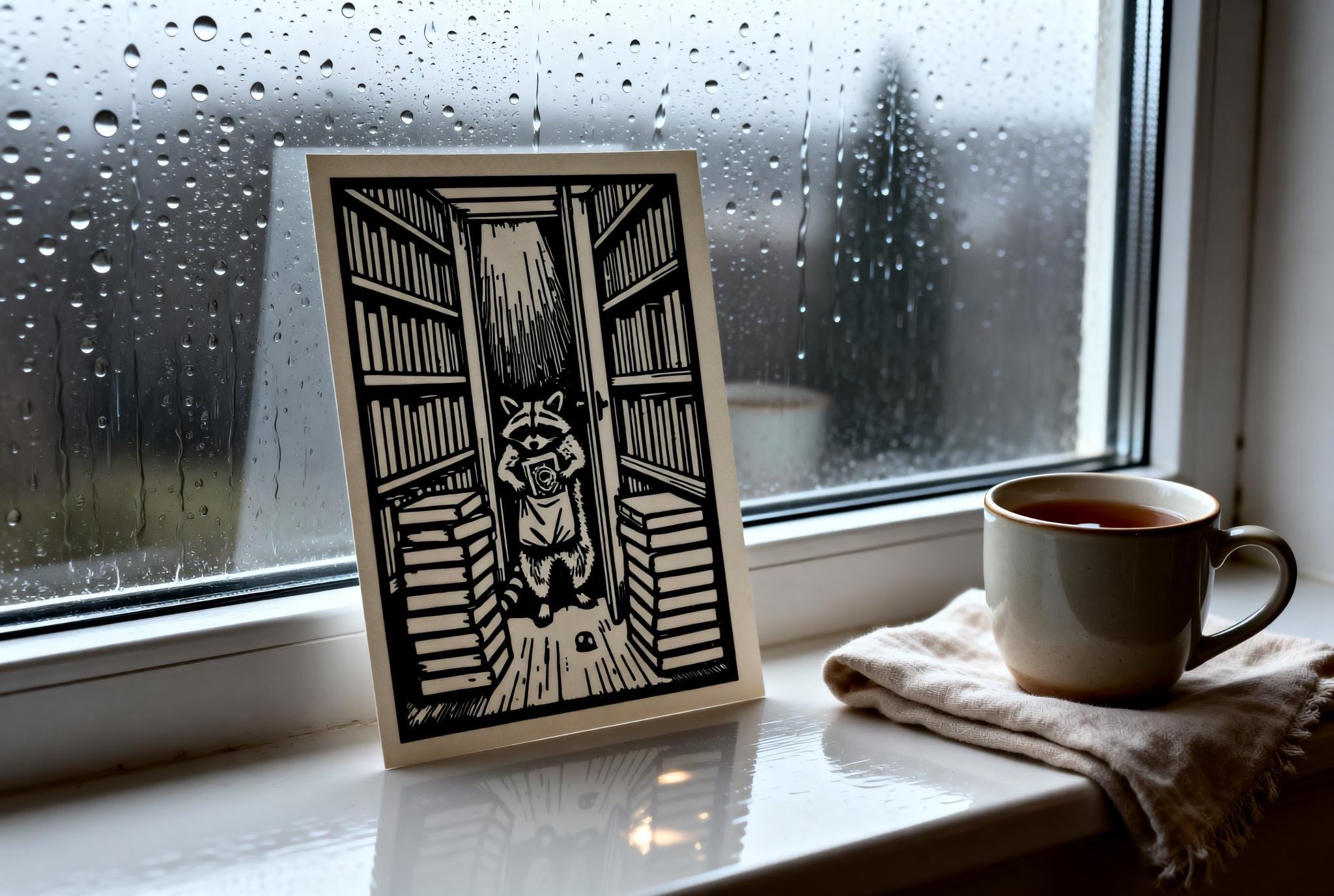 Raccoon Book Bandit Linocut Print handmade block print on 300gsm watercolor paper A5 size