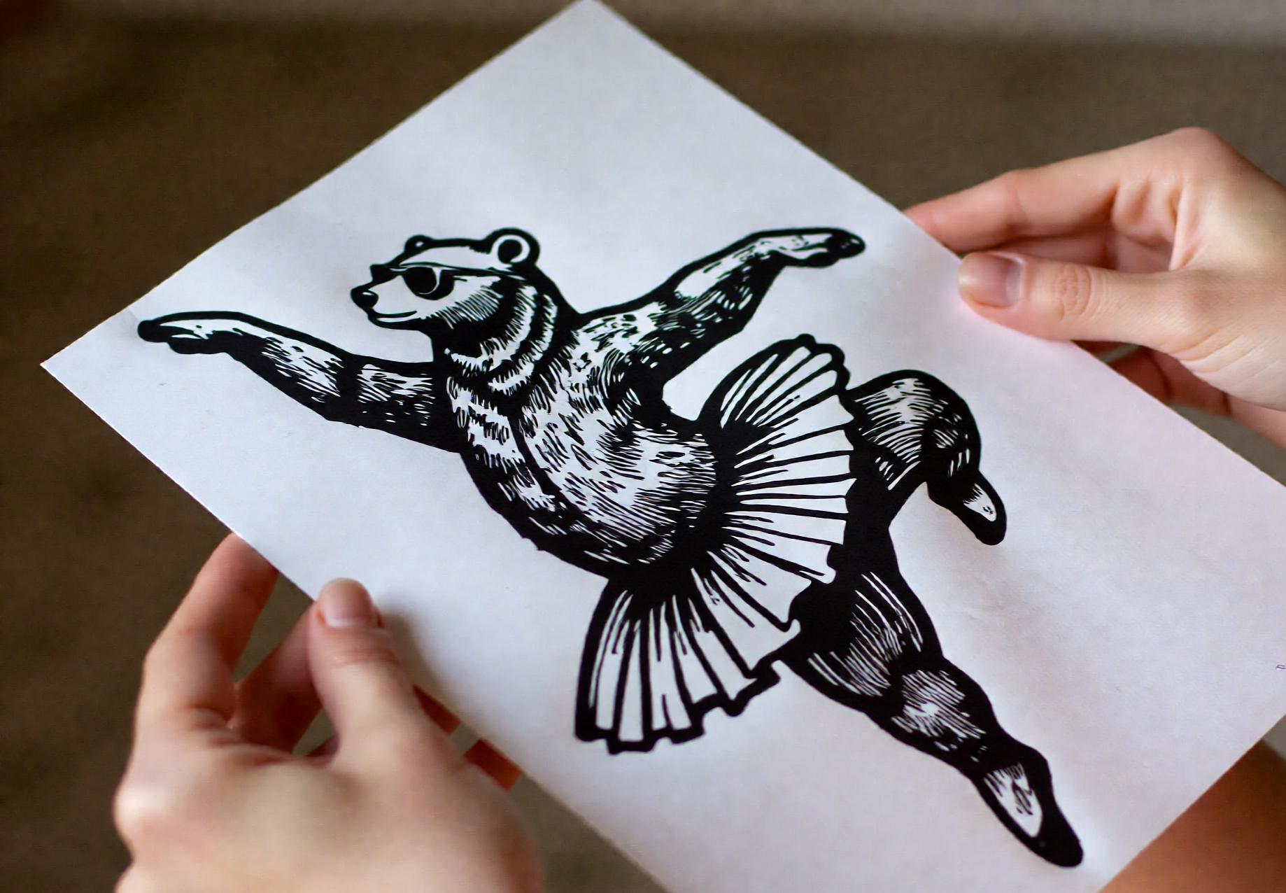 Original linocut print Ballerina Bear Dancing Linocut Print — ink texture and paper detail view