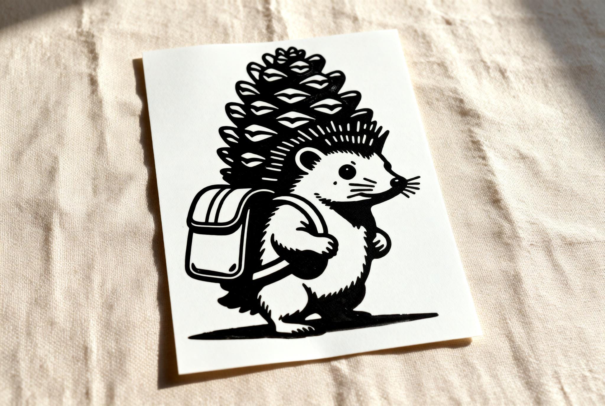 Handmade linocut print of a hedgehog adventurer wearing a backpack with an oversized pinecone on its back