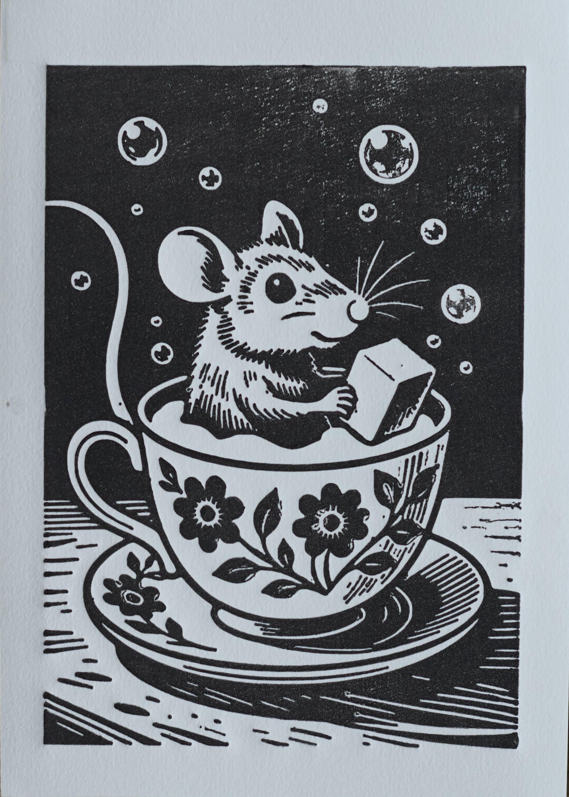 Hand-printed Teacup Mouse Linocut Print A5 art print — black ink on white cotton paper