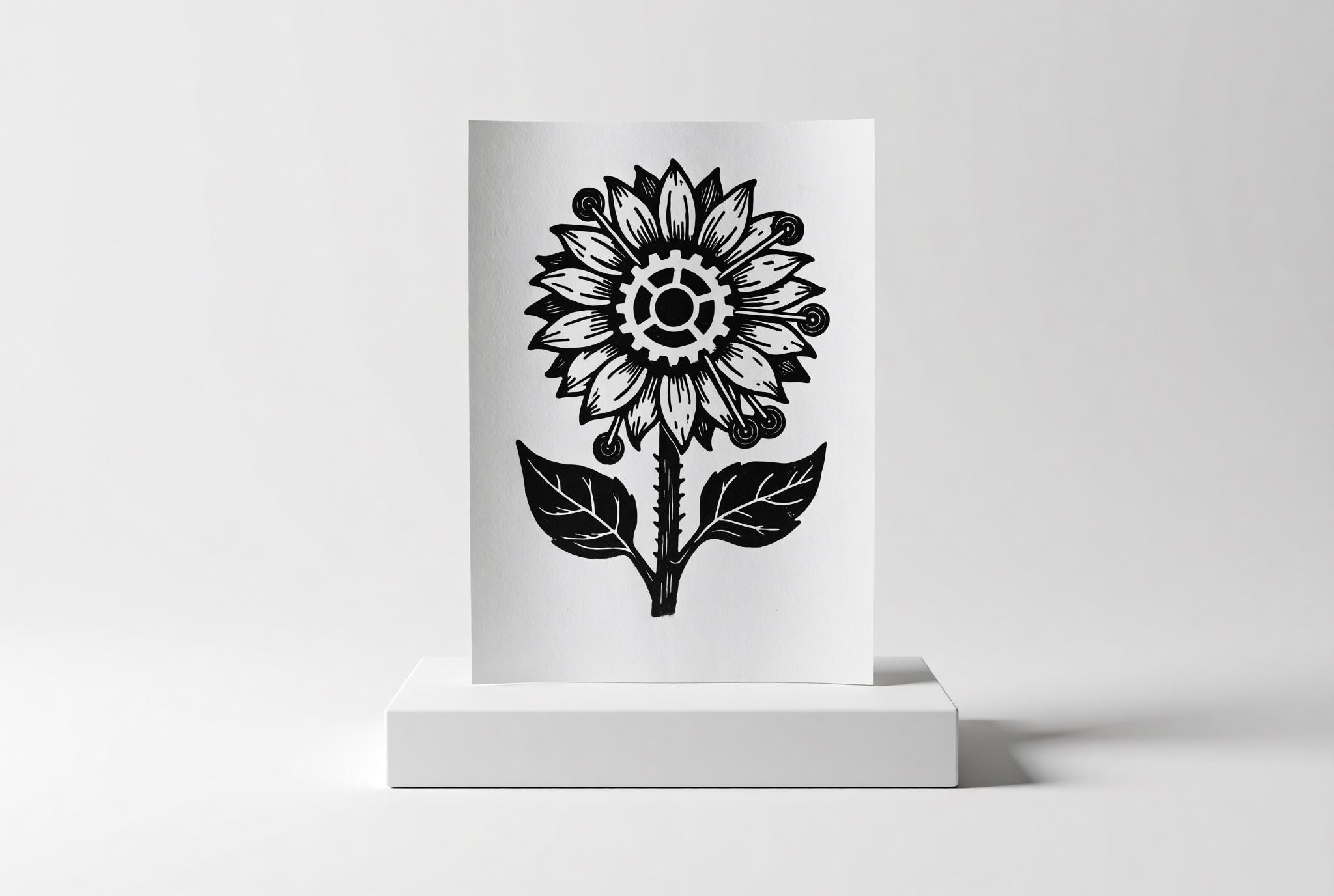 Steampunk Sunflower Linocut Print handmade block print on 300gsm watercolor paper A5 size