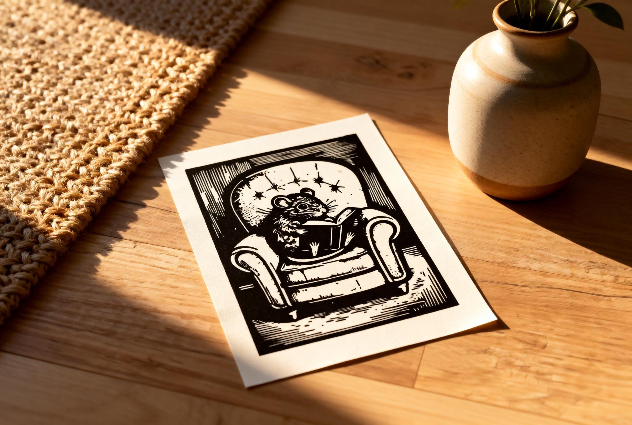 Hand-printed Reading Mouse Linocut Print A5 art print — black ink on white cotton paper