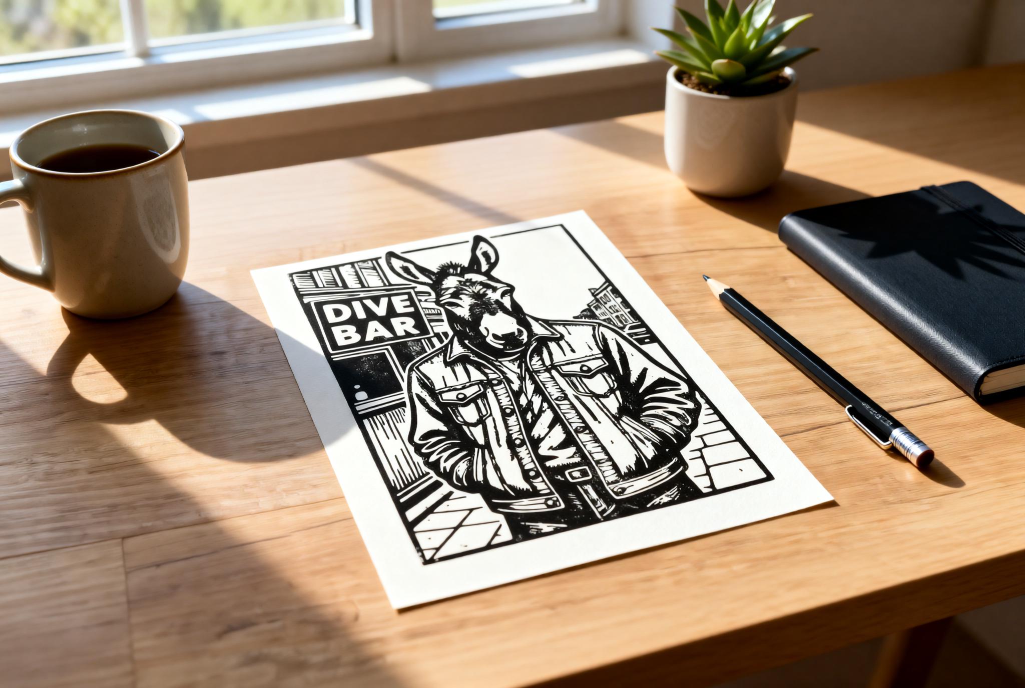 Hand-printed Donkey Dive Bar Linocut Print A5 art print — black ink on white cotton paper