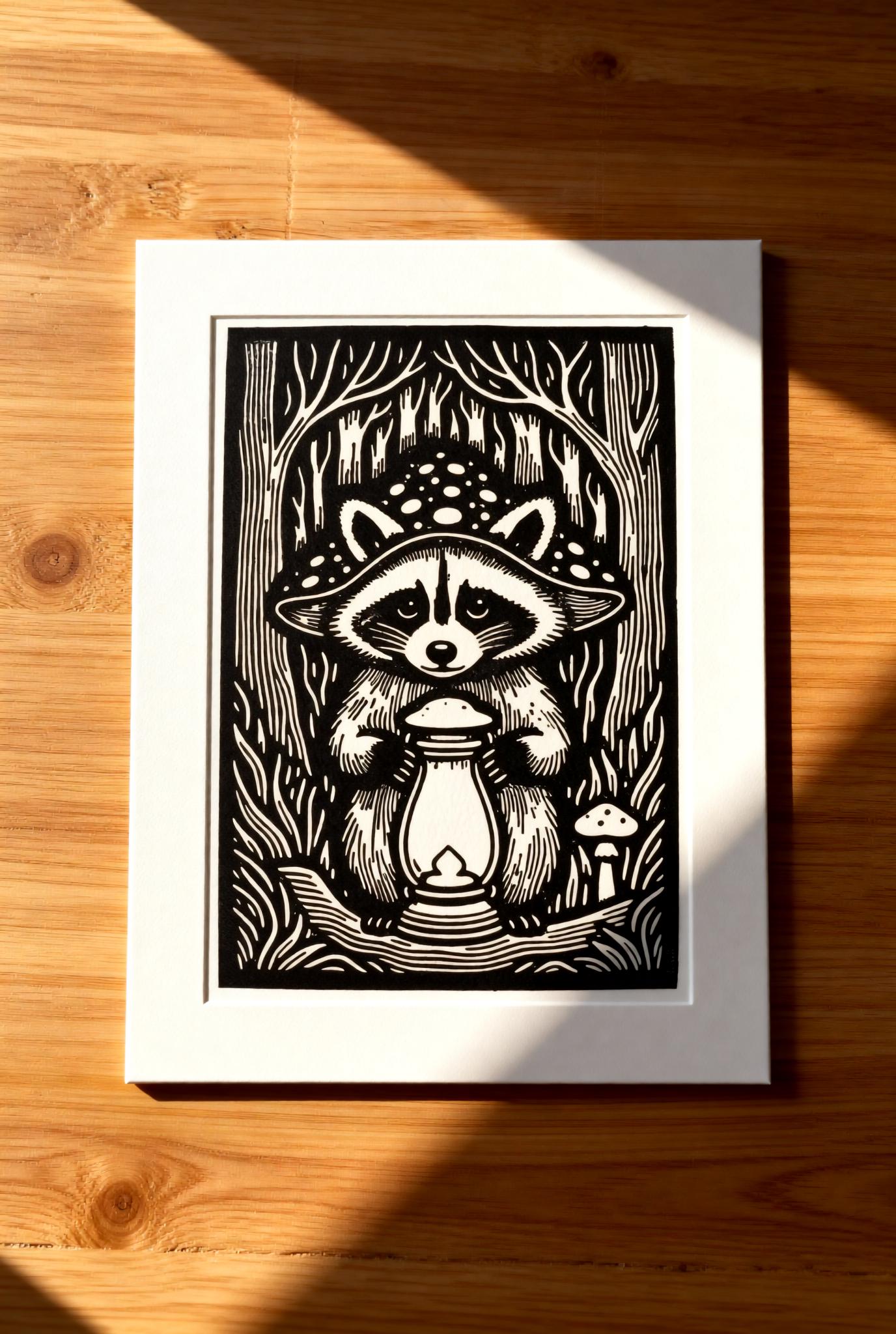 Raccoon Lantern handmade linocut print by Null Pictures