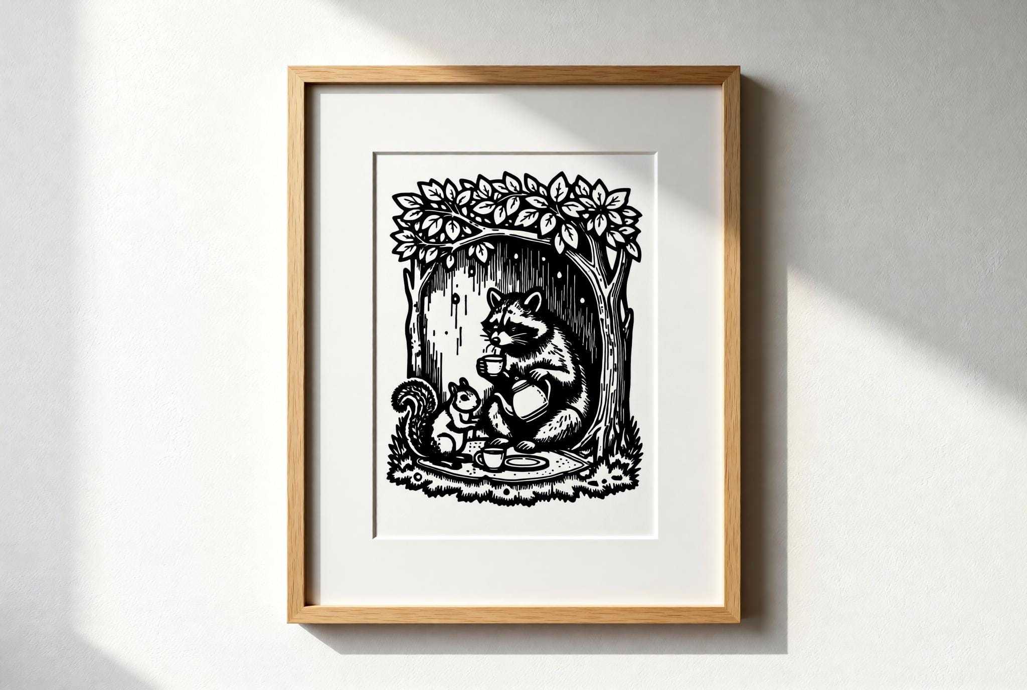 Raccoon Tea Party Linocut Print handmade block print on 300gsm watercolor paper A5 size