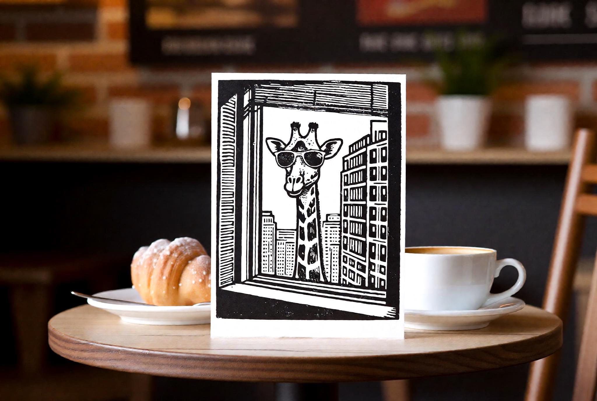 Giraffe Wearing Sunglasses Linocut Print handmade block print on 300gsm watercolor paper A5 size