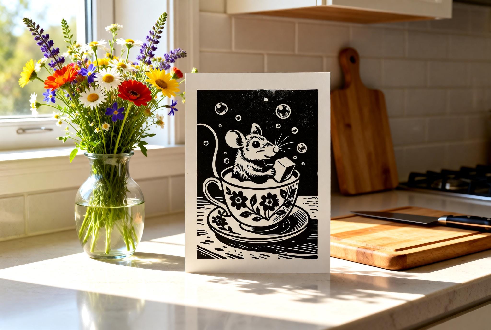 Handmade linocut print of a mouse relaxing in a floral teacup bubble bath holding a tiny bar of soap