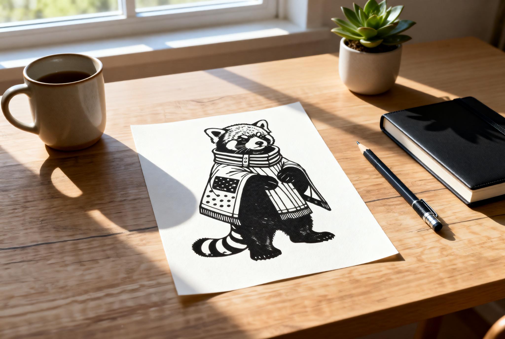 Close-up detail of handmade Red Panda Linocut Print linocut relief print showing carved texture