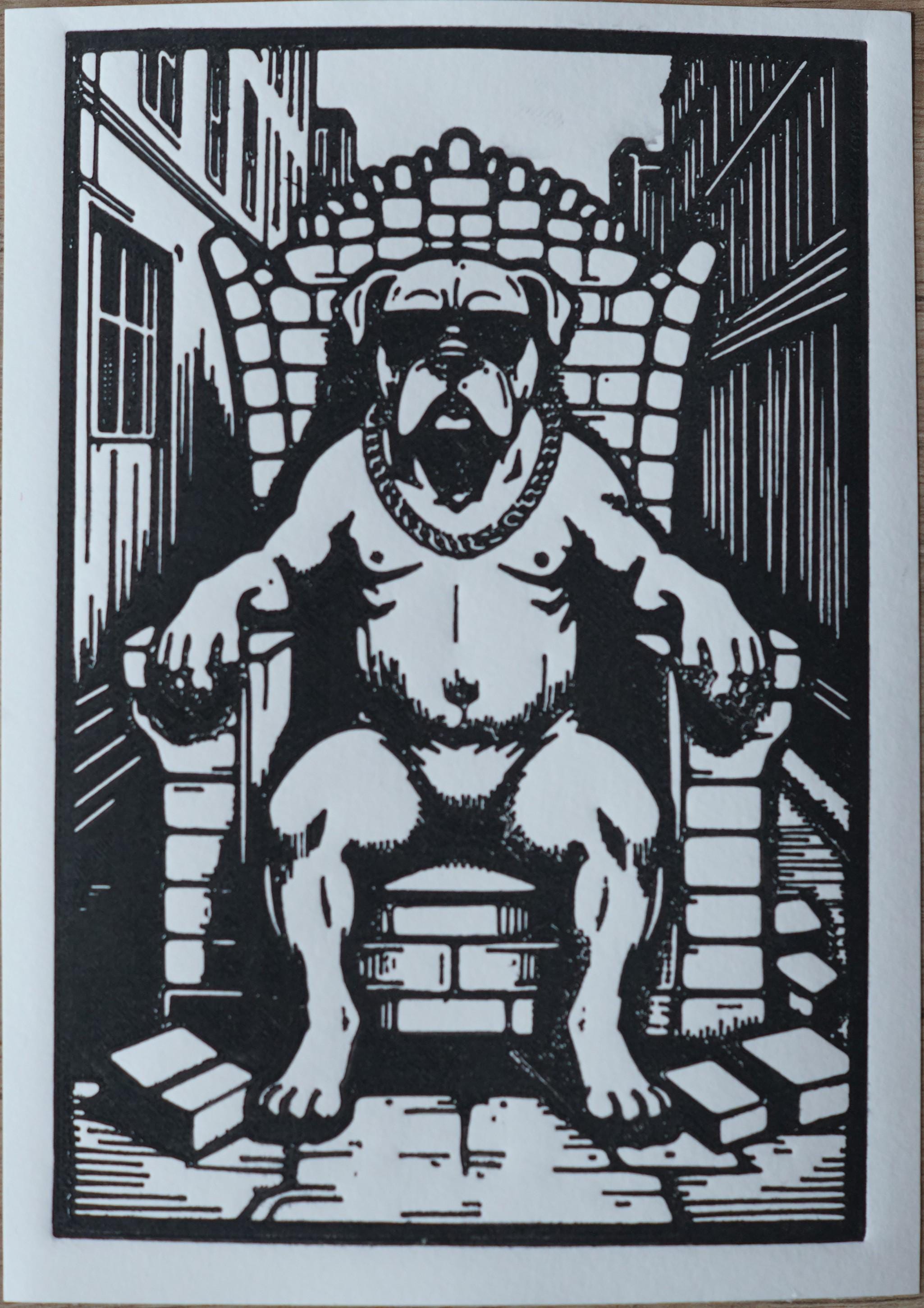 Original linocut print King Bulldog Linocut Print — ink texture and paper detail view