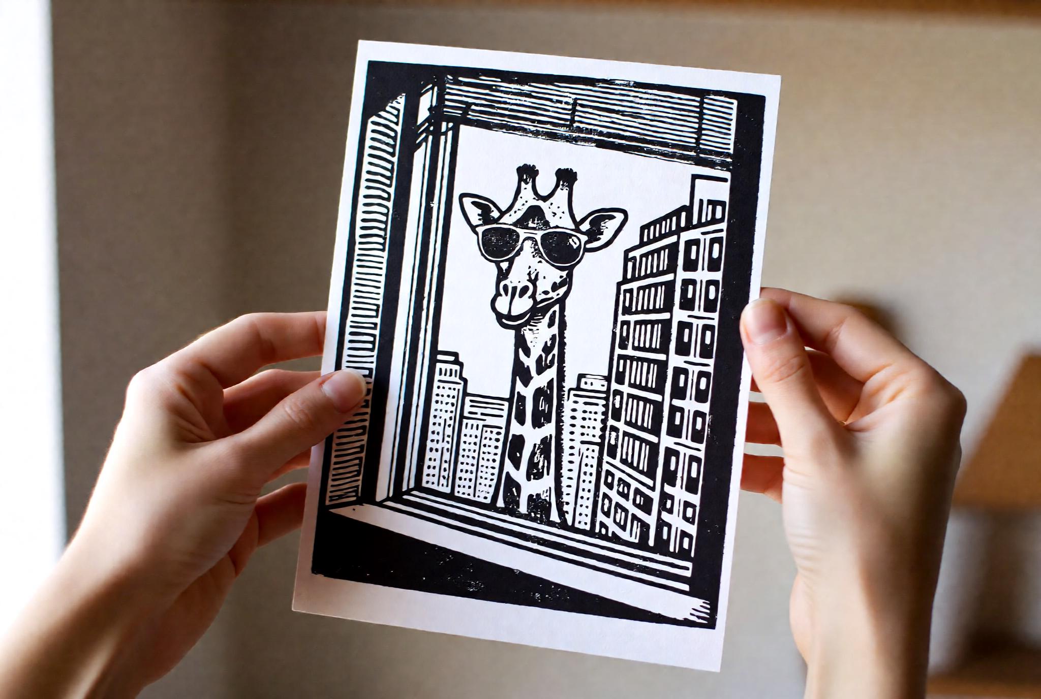 Original linocut print Giraffe Wearing Sunglasses Linocut Print — ink texture and paper detail view