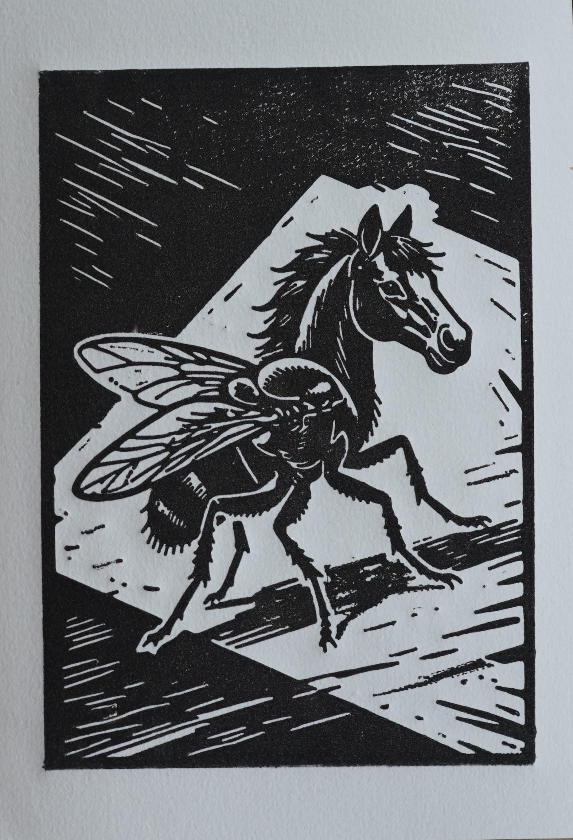 Hand-printed Horsefly Linocut Print A5 art print — black ink on white cotton paper