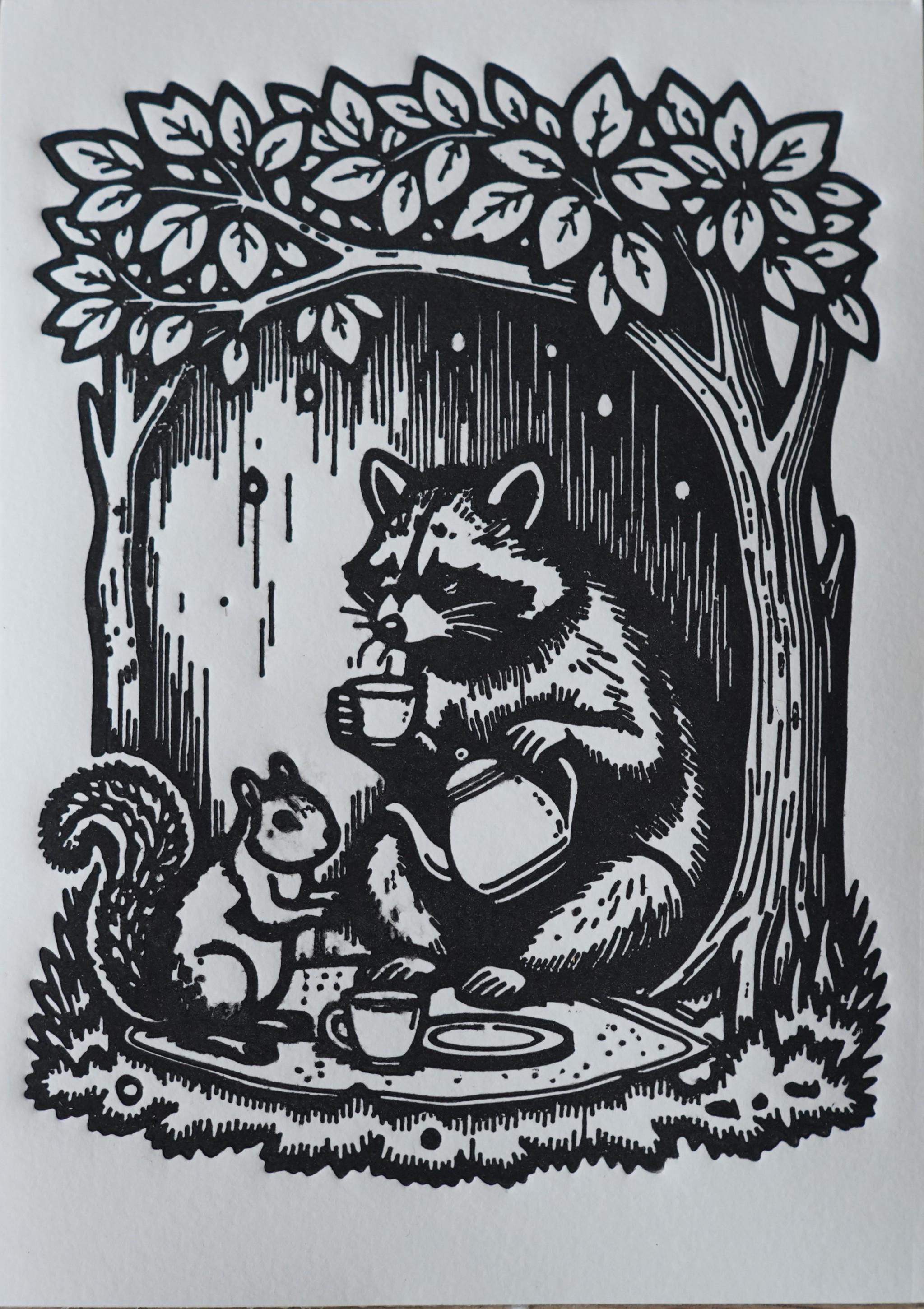 Original linocut print Raccoon Tea Party Linocut Print — ink texture and paper detail view