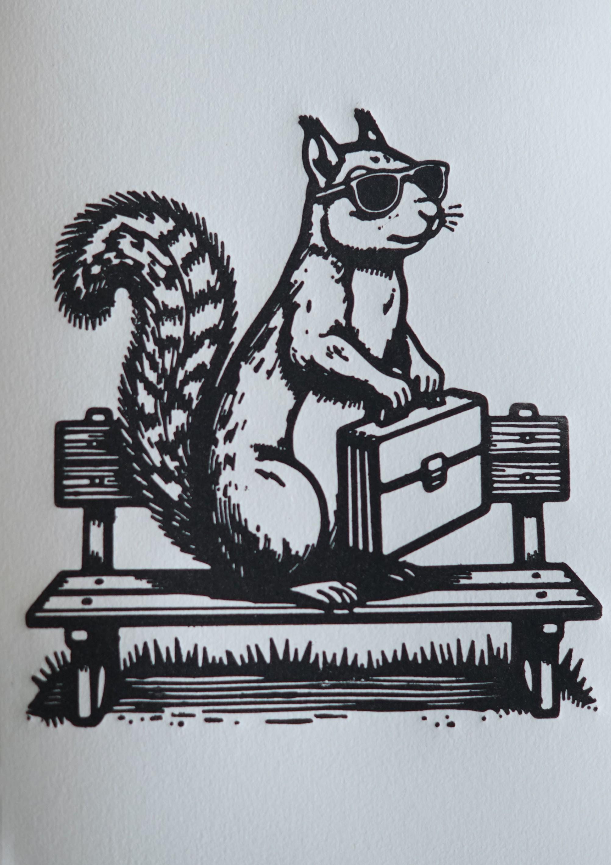 Close-up detail of handmade Secret Agent Squirrel Linocut Print linocut relief print showing carved texture