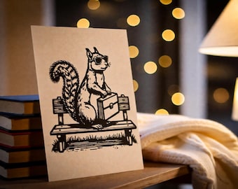 Impresión en linóleo de una ardilla agente secreta, tamaño A5, arte animal en blanco y negro