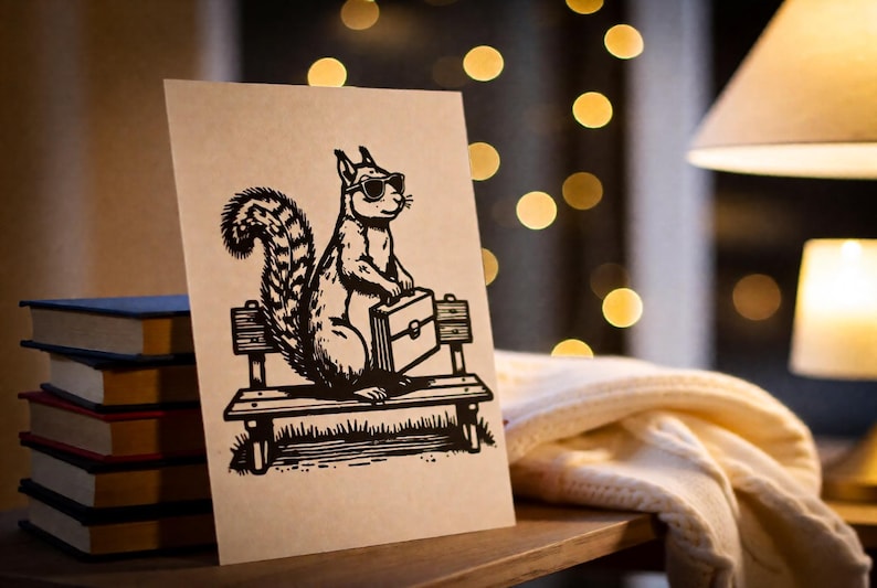 Handmade squirrel linocut print — Secret Agent Squirrel Linocut Print — A5 wall art by Peter Gedeon