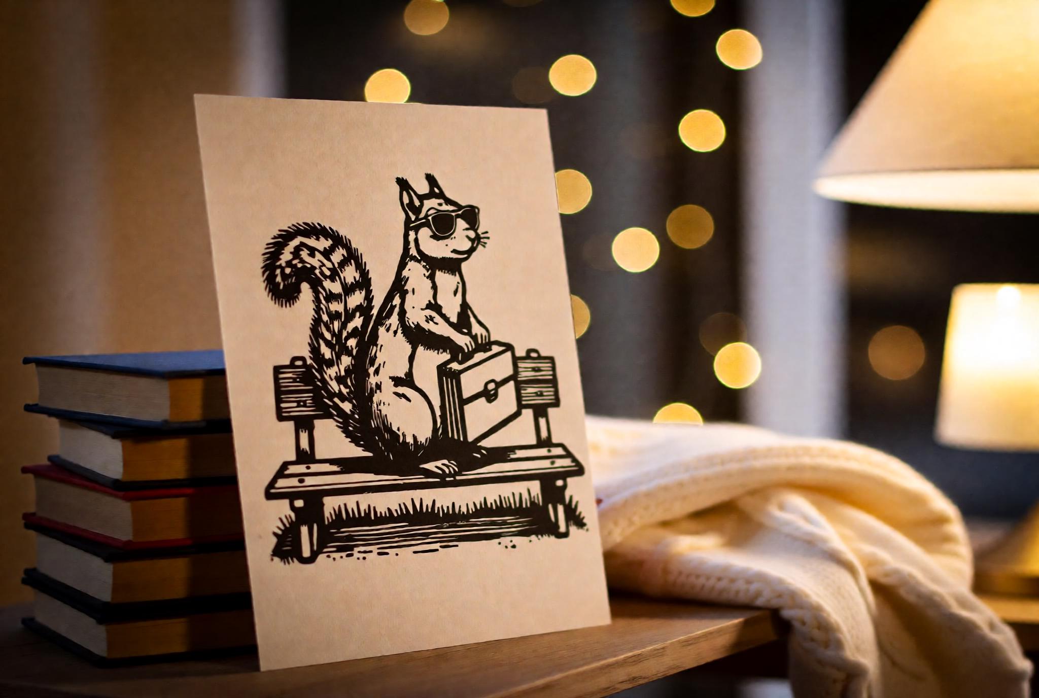 Handmade linocut print of a squirrel in sunglasses sitting on a park bench holding a small suitcase
