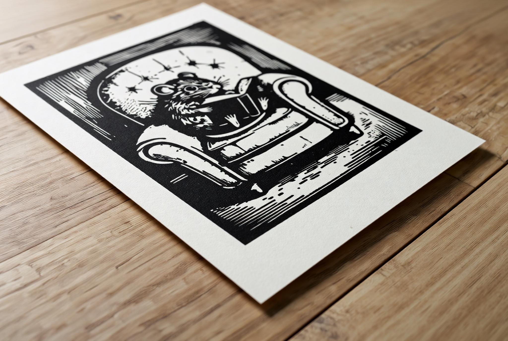 Original linocut print Reading Mouse Linocut Print — ink texture and paper detail view
