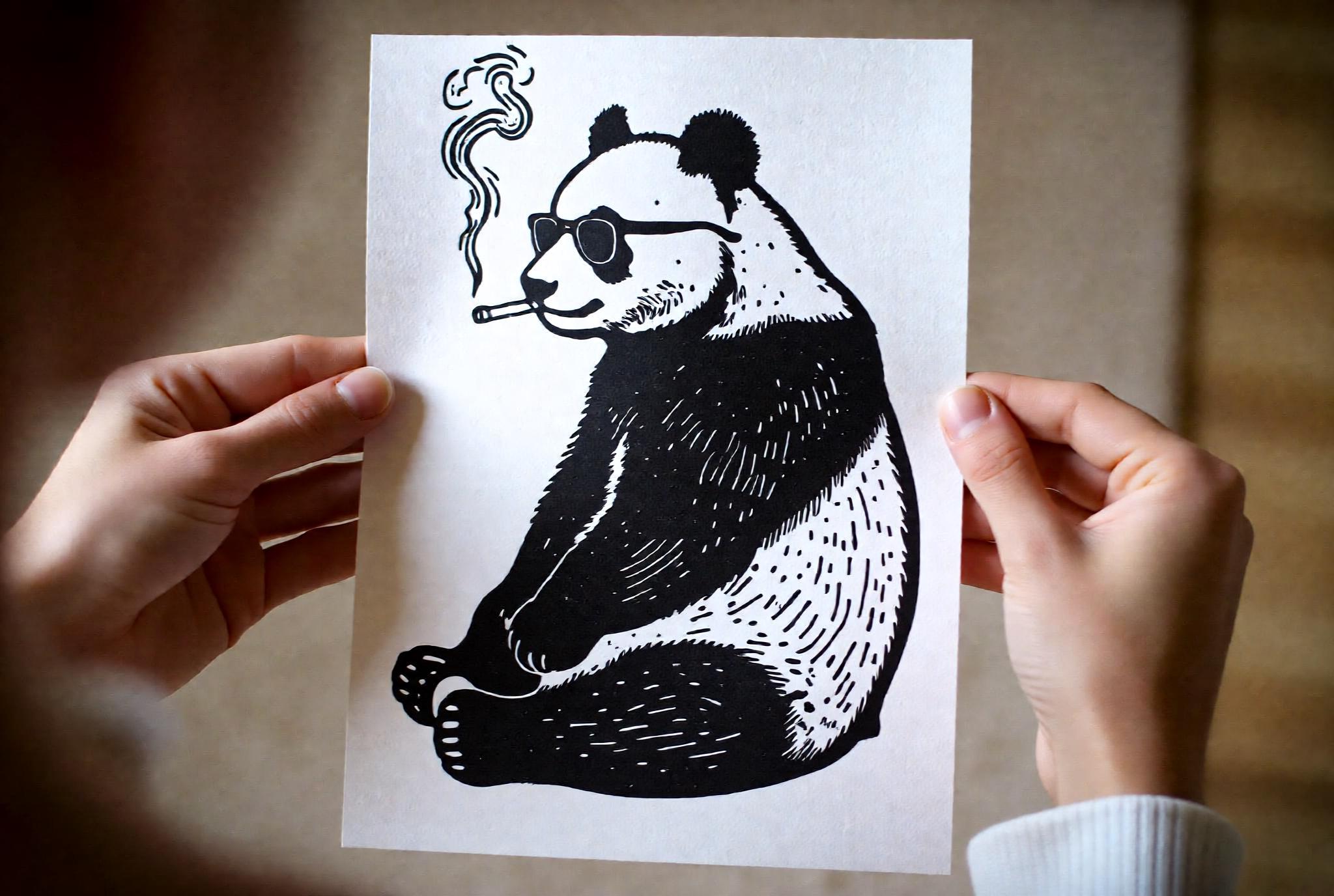 Smoking Panda Wearing Sunglasses Linocut Print linocut wall art — handmade relief print detail showing printmaking process