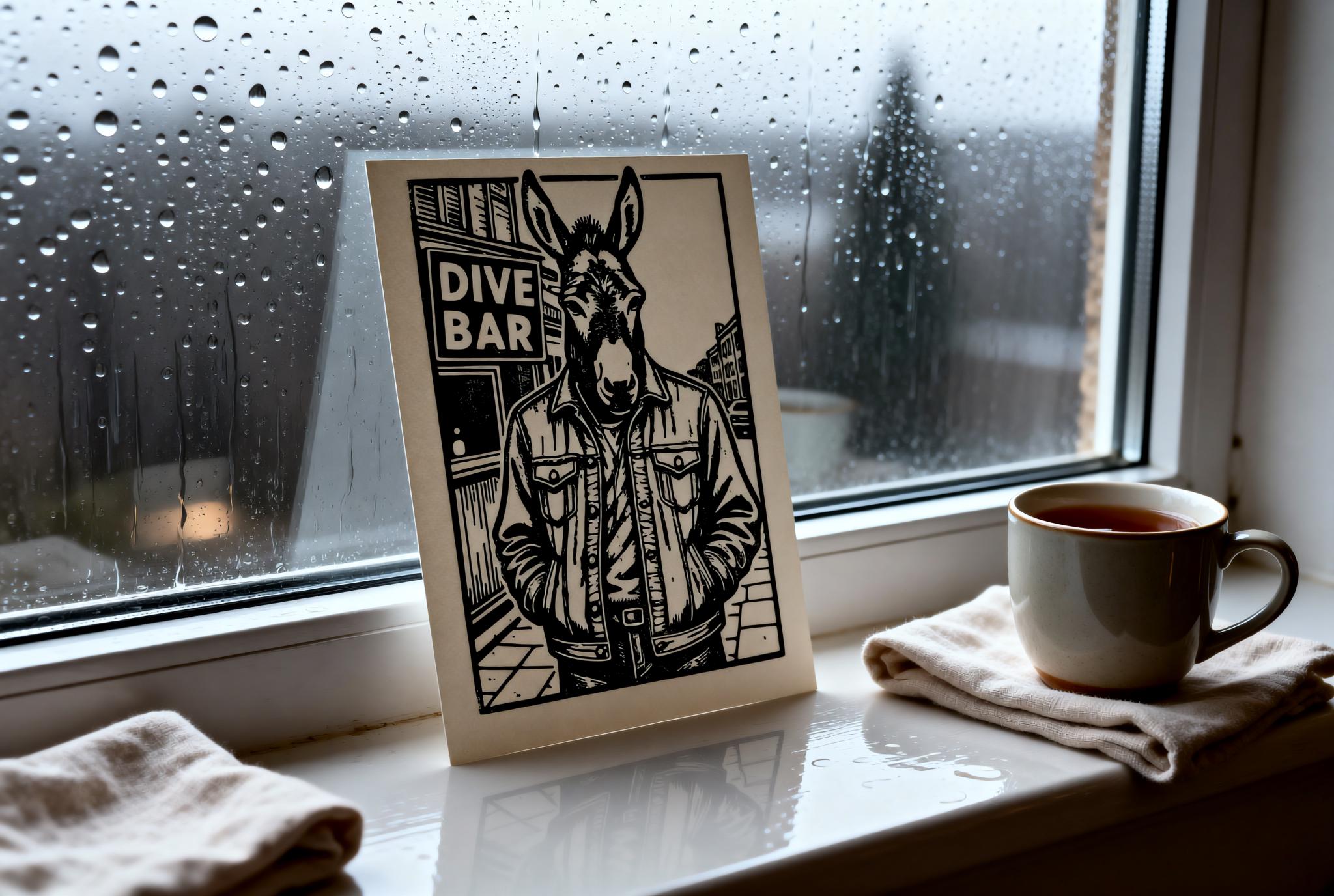Original linocut print Donkey Dive Bar Linocut Print — ink texture and paper detail view