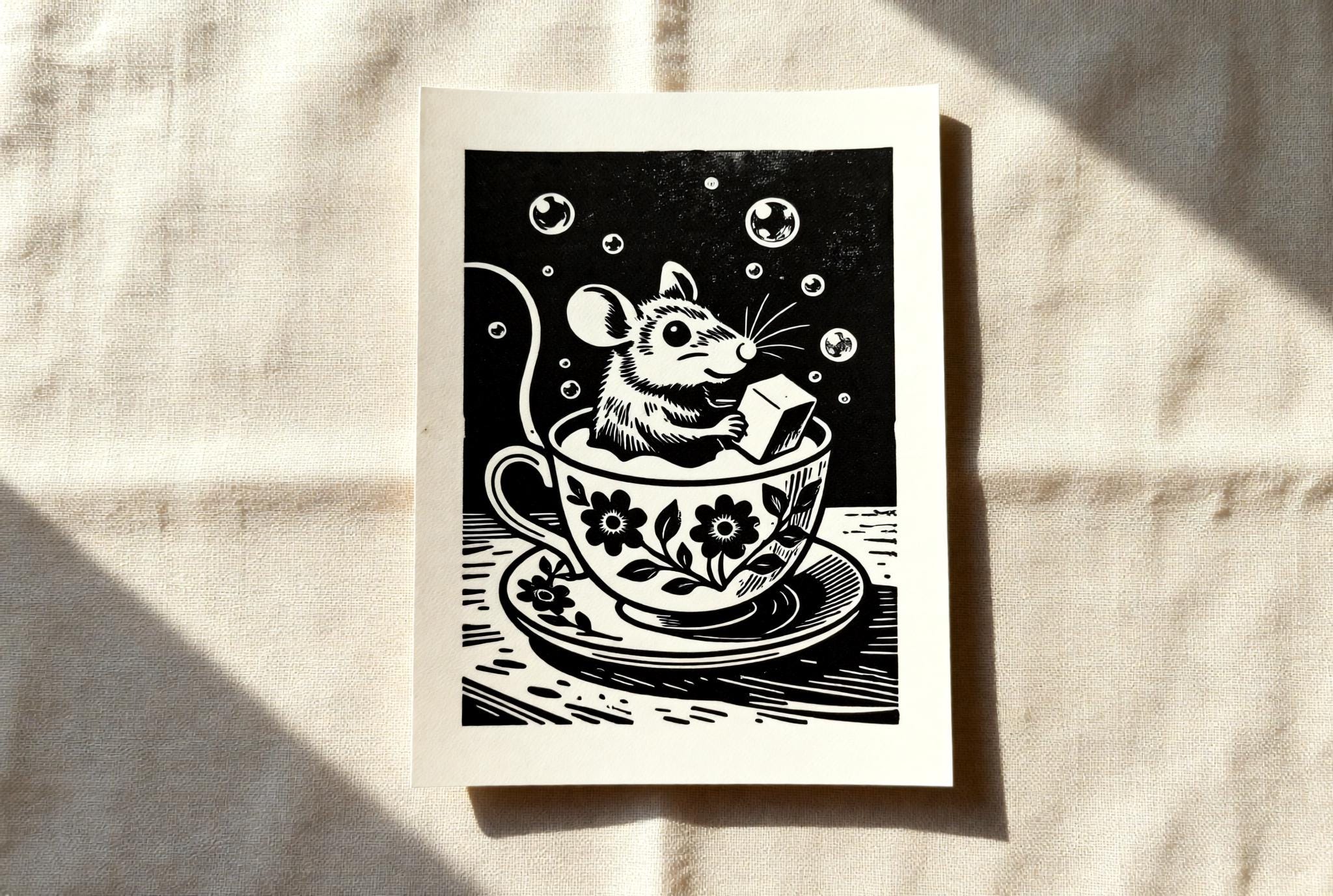 Teacup Mouse Linocut Print handmade block print on 300gsm watercolor paper A5 size