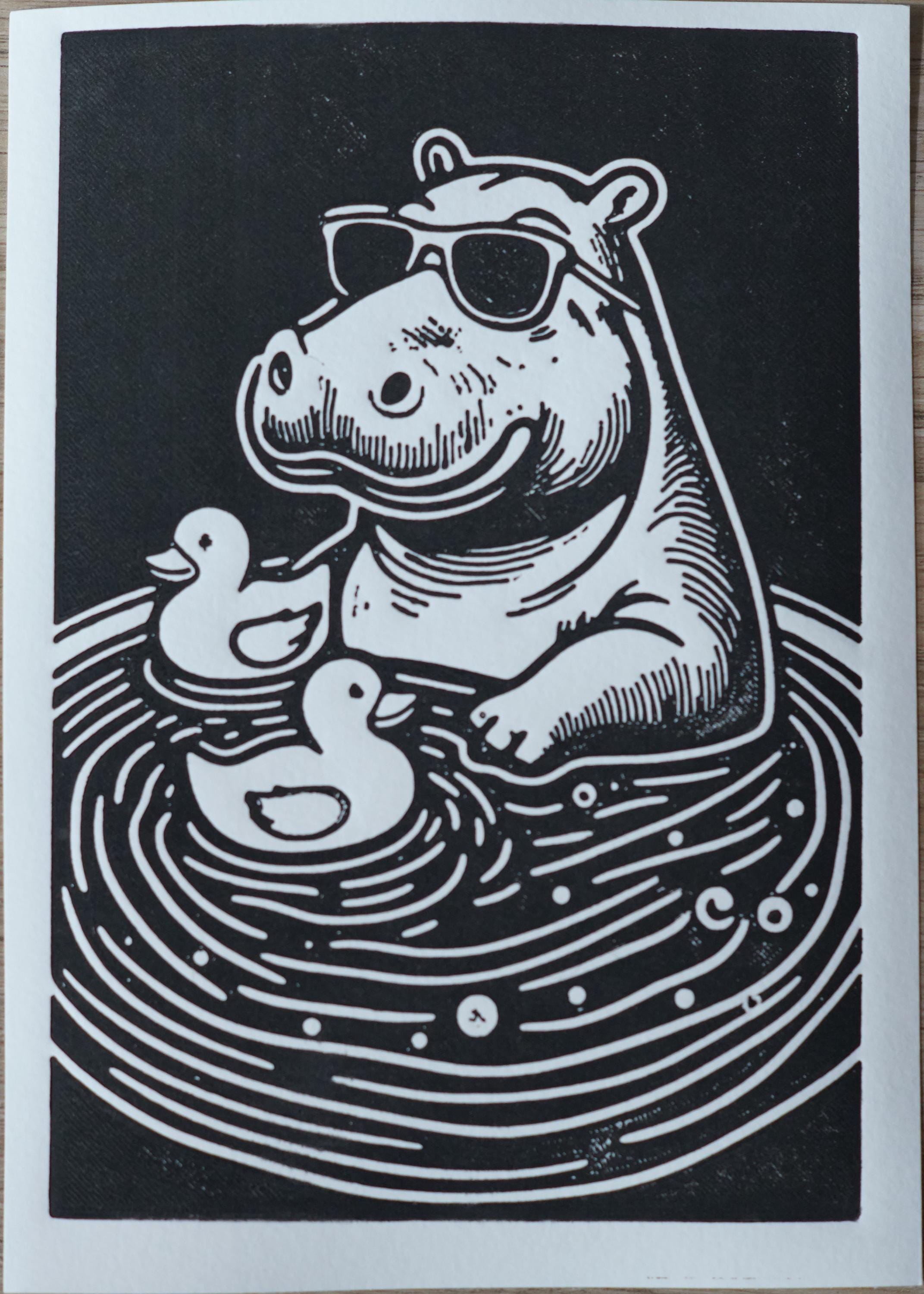 Close-up detail of handmade Hippo in a Bath Tub Linocut Print linocut relief print showing carved texture