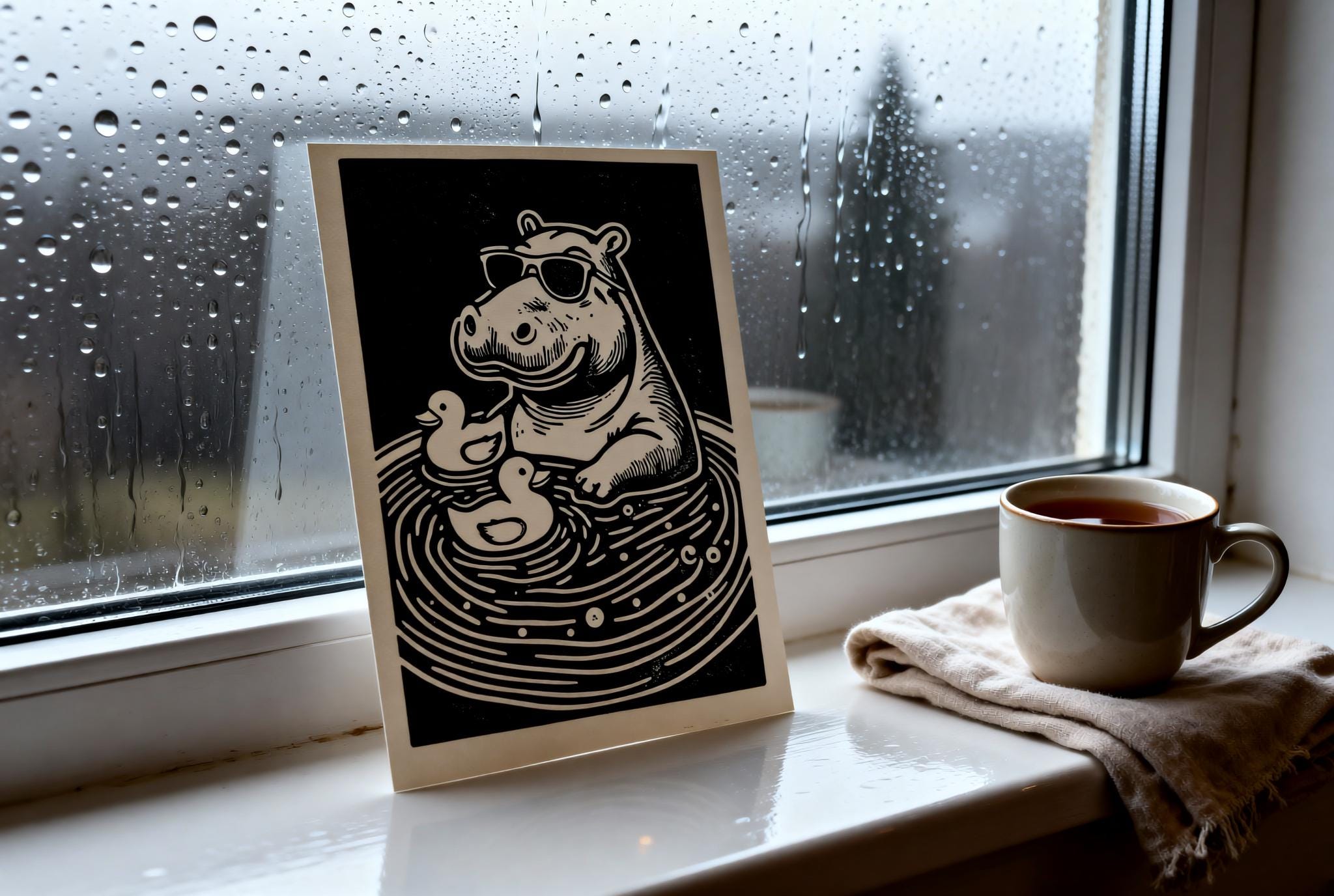 Original linocut print Hippo in a Bath Tub Linocut Print — ink texture and paper detail view