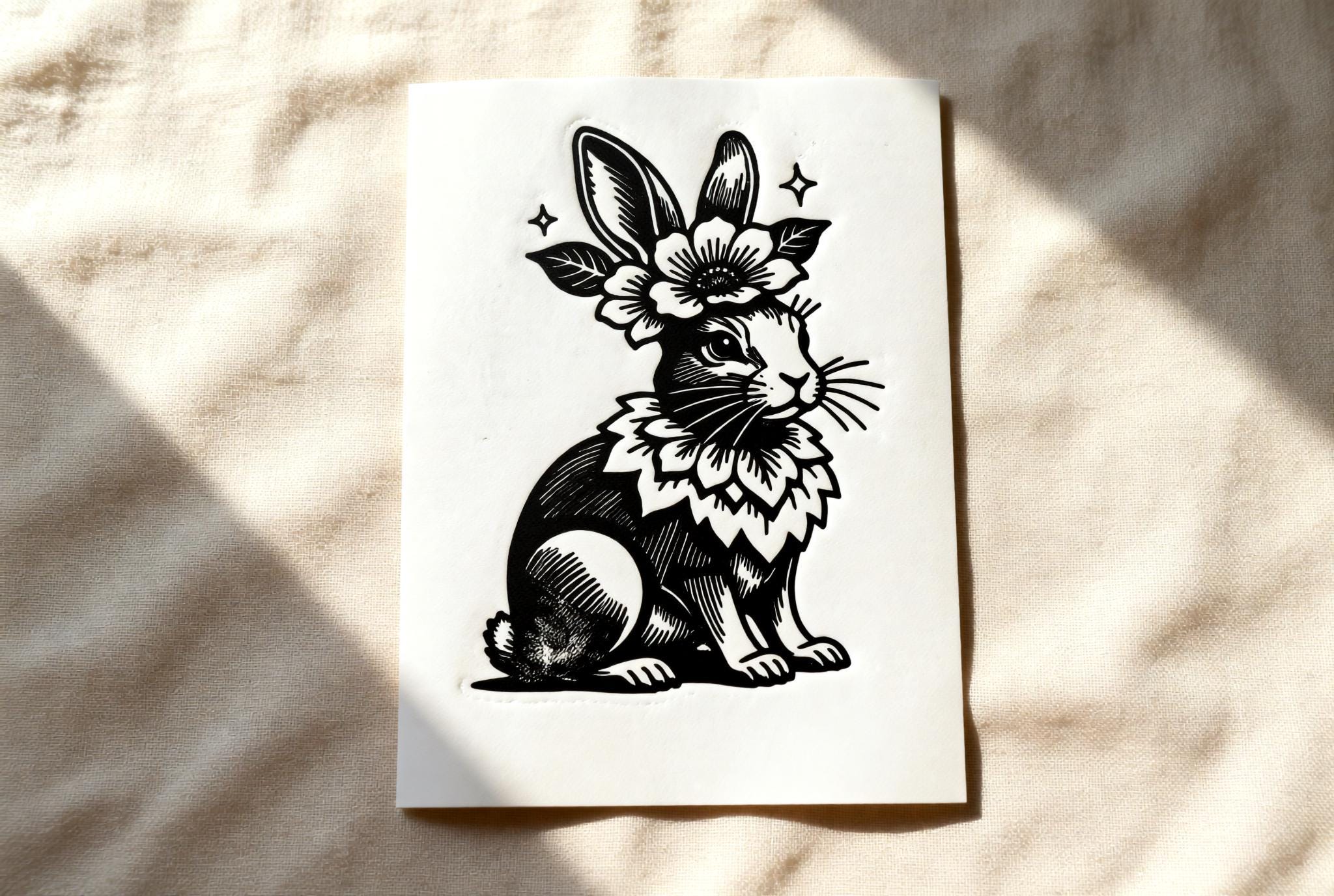 Handmade linocut print of a rabbit wearing a floral crown with blooming petals and leaves