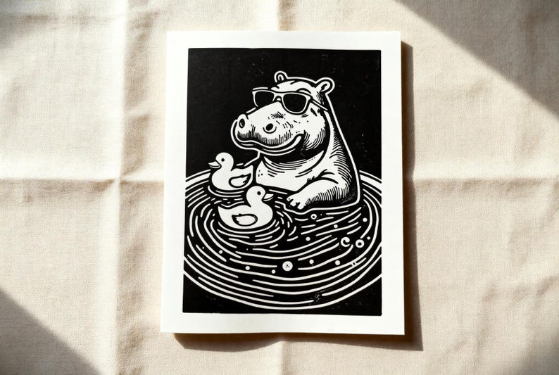 Handmade hippo linocut print — Hippo in a Bath Tub Linocut Print — A5 wall art by Peter Gedeon