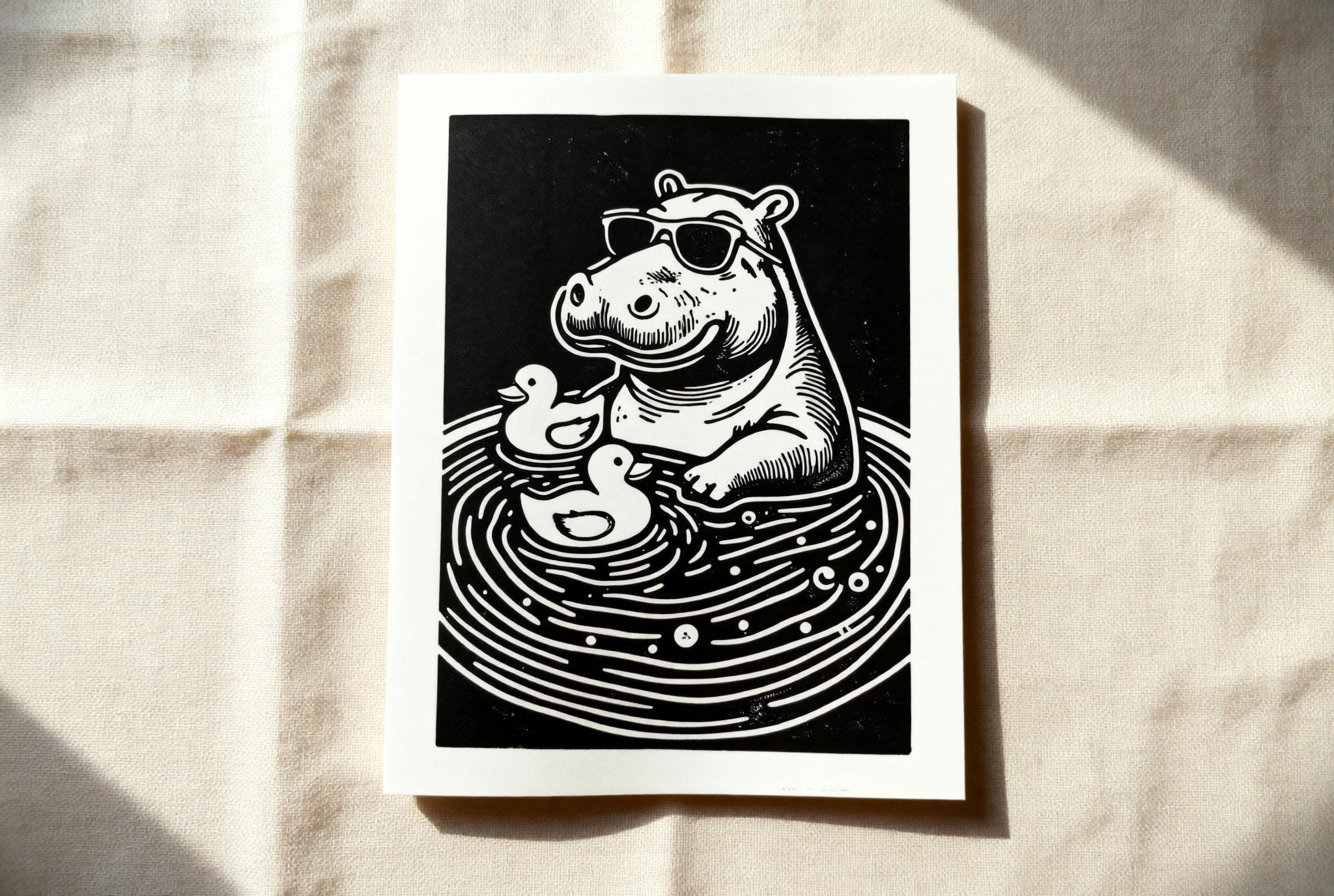 Handmade linocut print of a hippo wearing sunglasses relaxing in a pool with rubber ducks