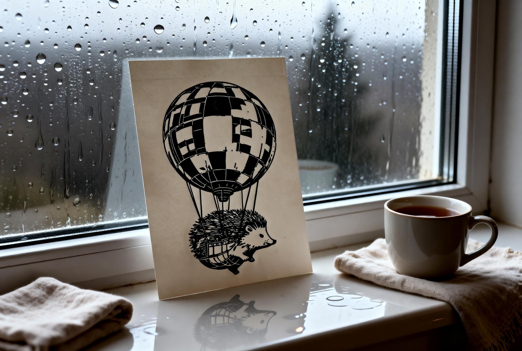 Original linocut print Hedgehog Hot Air Balloon Linocut Print — ink texture and paper detail view