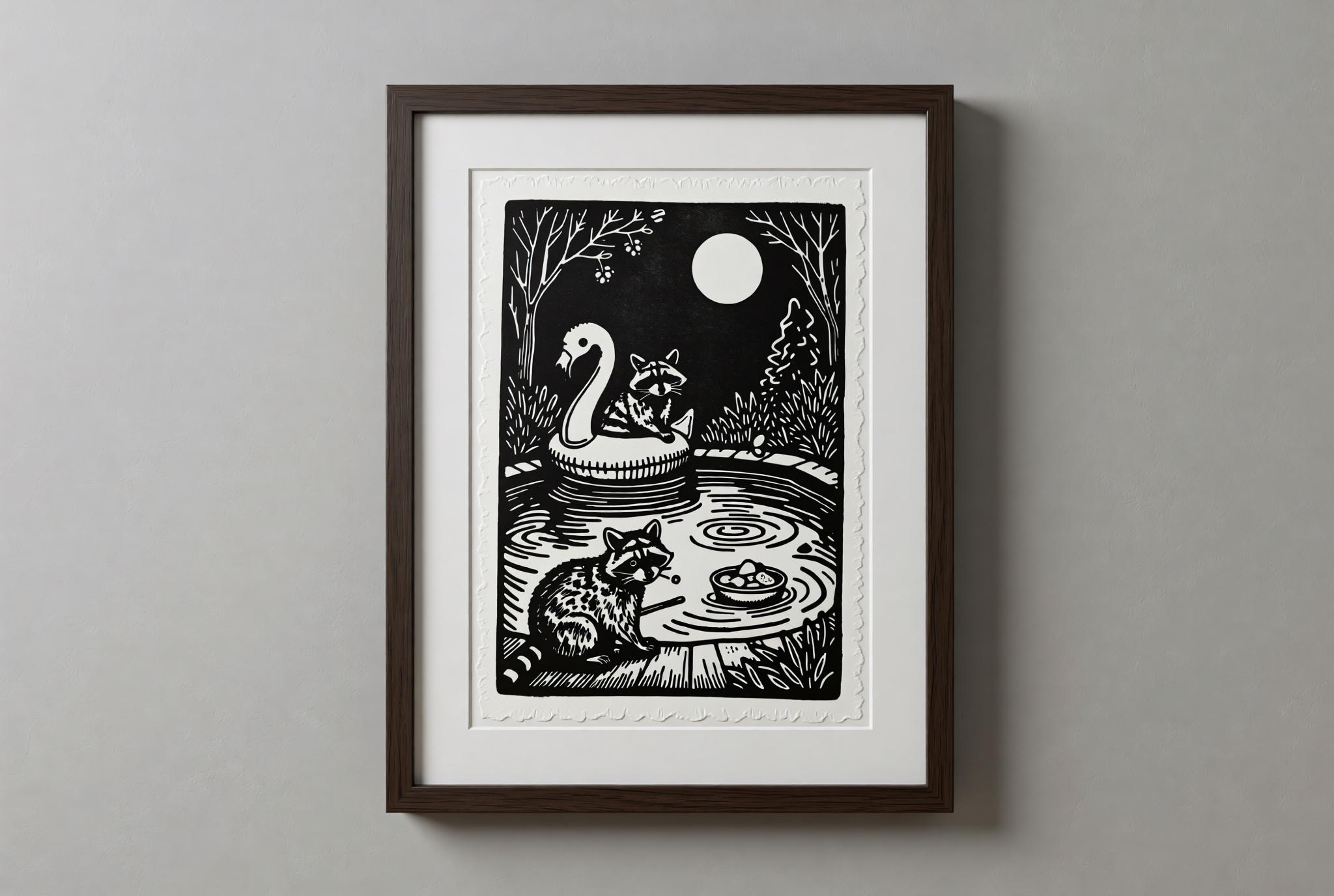 Raccoon Pool Party Linocut Print handmade block print on 300gsm watercolor paper A5 size