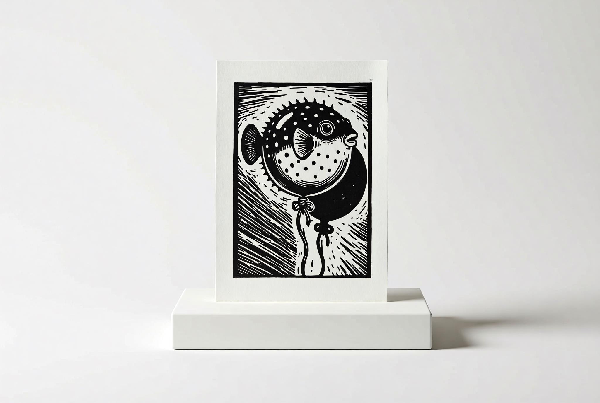 Close-up detail of handmade Pufferfish Balloon Linocut Print linocut relief print showing carved texture