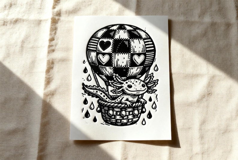 May include: Black and white illustration of an axolotl in a hot air balloon. The balloon has a patchwork design with heart shapes. The axolotl is in a woven basket, with raindrops falling around it. A whimsical art print.