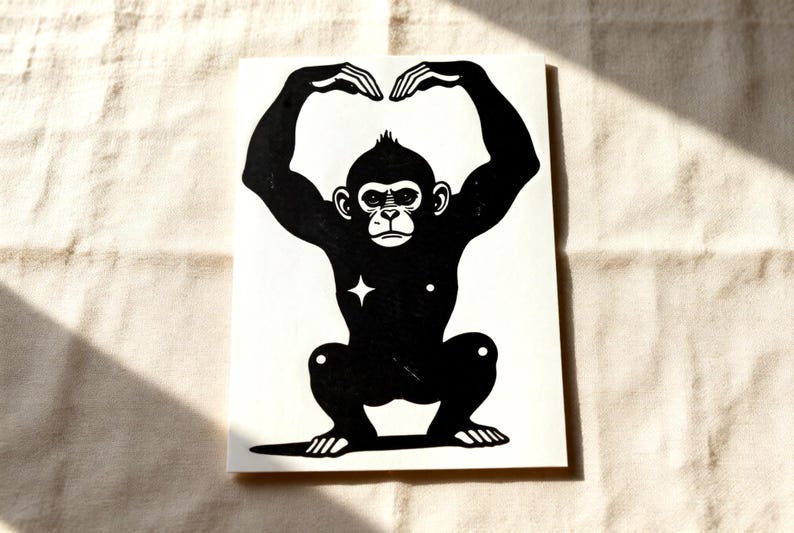 Handmade monkey linocut print — Handmade Monkey Linocut Print — A5 wall art by Peter Gedeon
