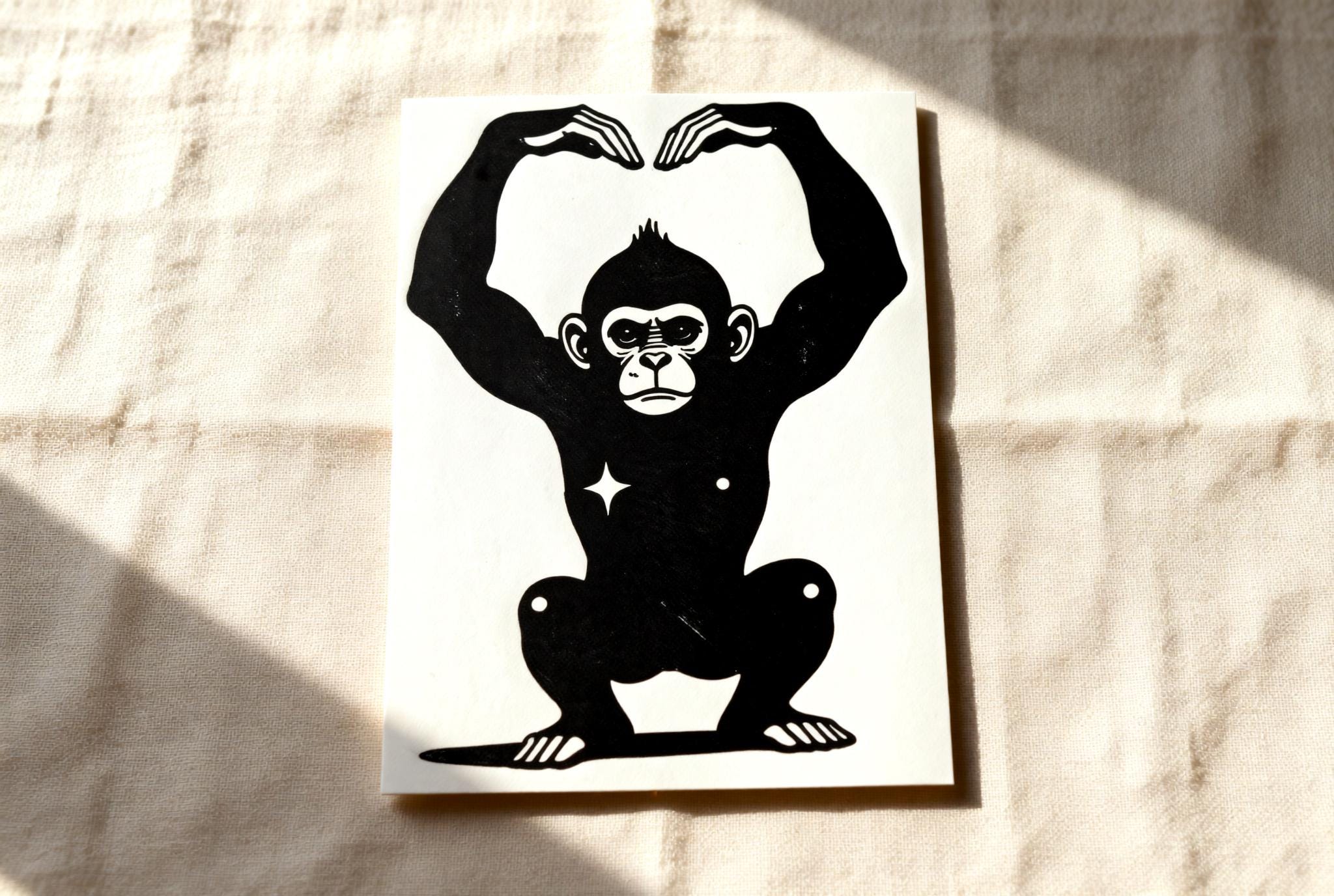 Handmade linocut print of a bold gorilla or ape character with raised arms in a dramatic pose