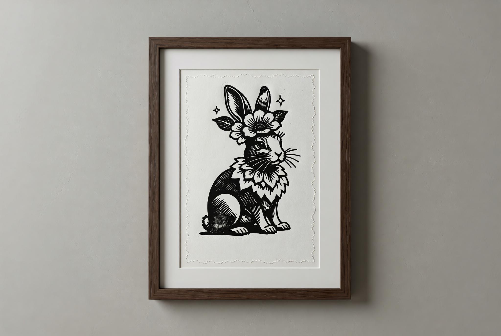 Hand-printed Floral Easter Bunny Linocut Print A5 art print — black ink on white cotton paper