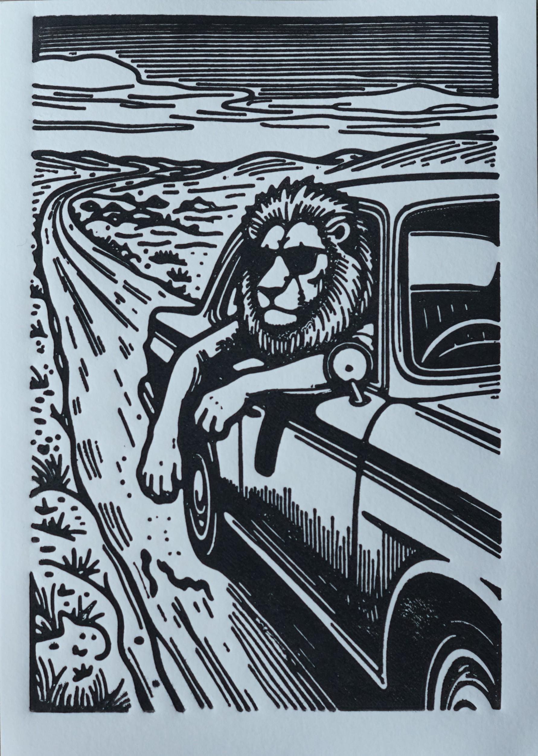 Original linocut print Lion Road Trip Linocut Print — ink texture and paper detail view
