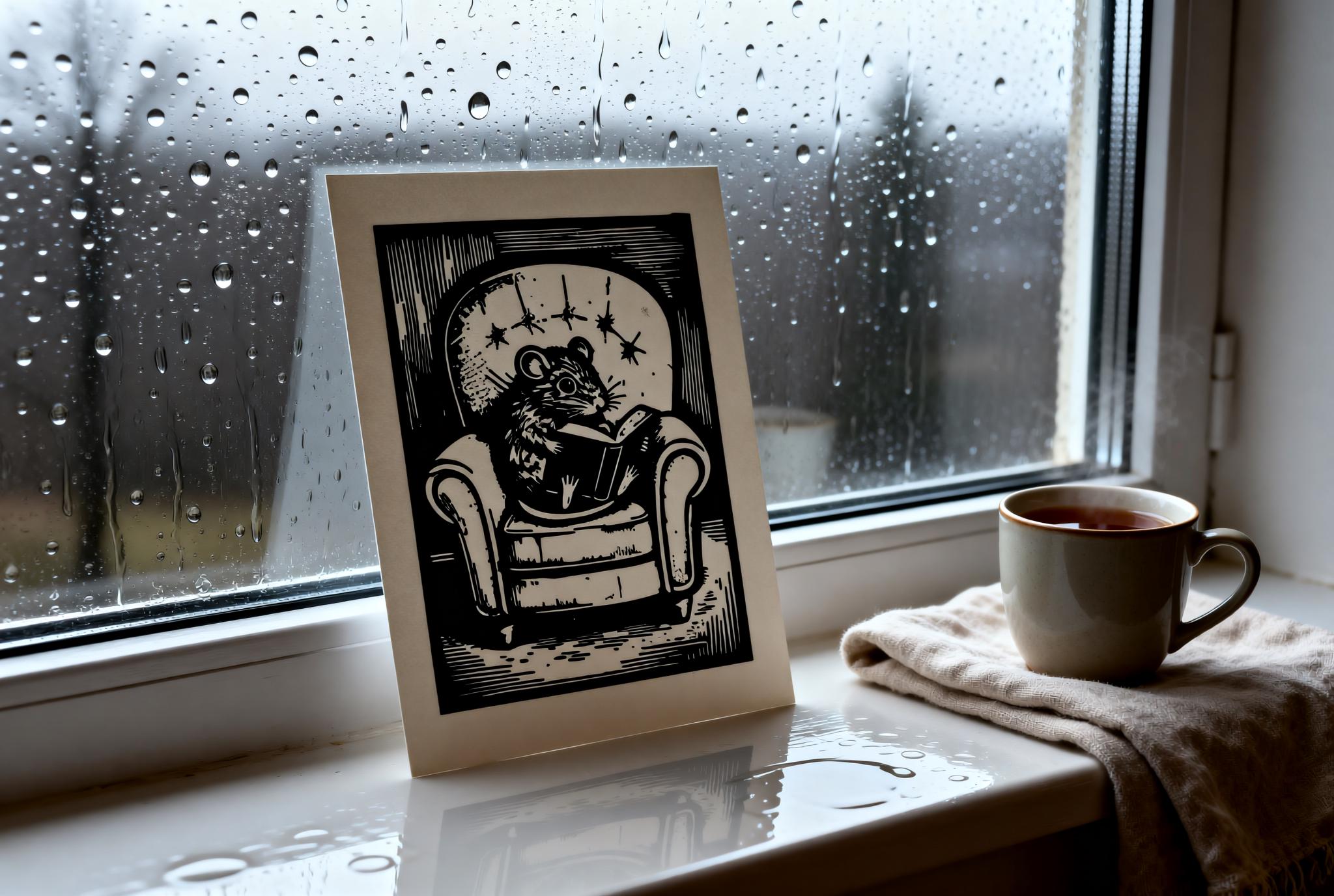 Reading Mouse Linocut Print linocut wall art — handmade relief print detail showing printmaking process