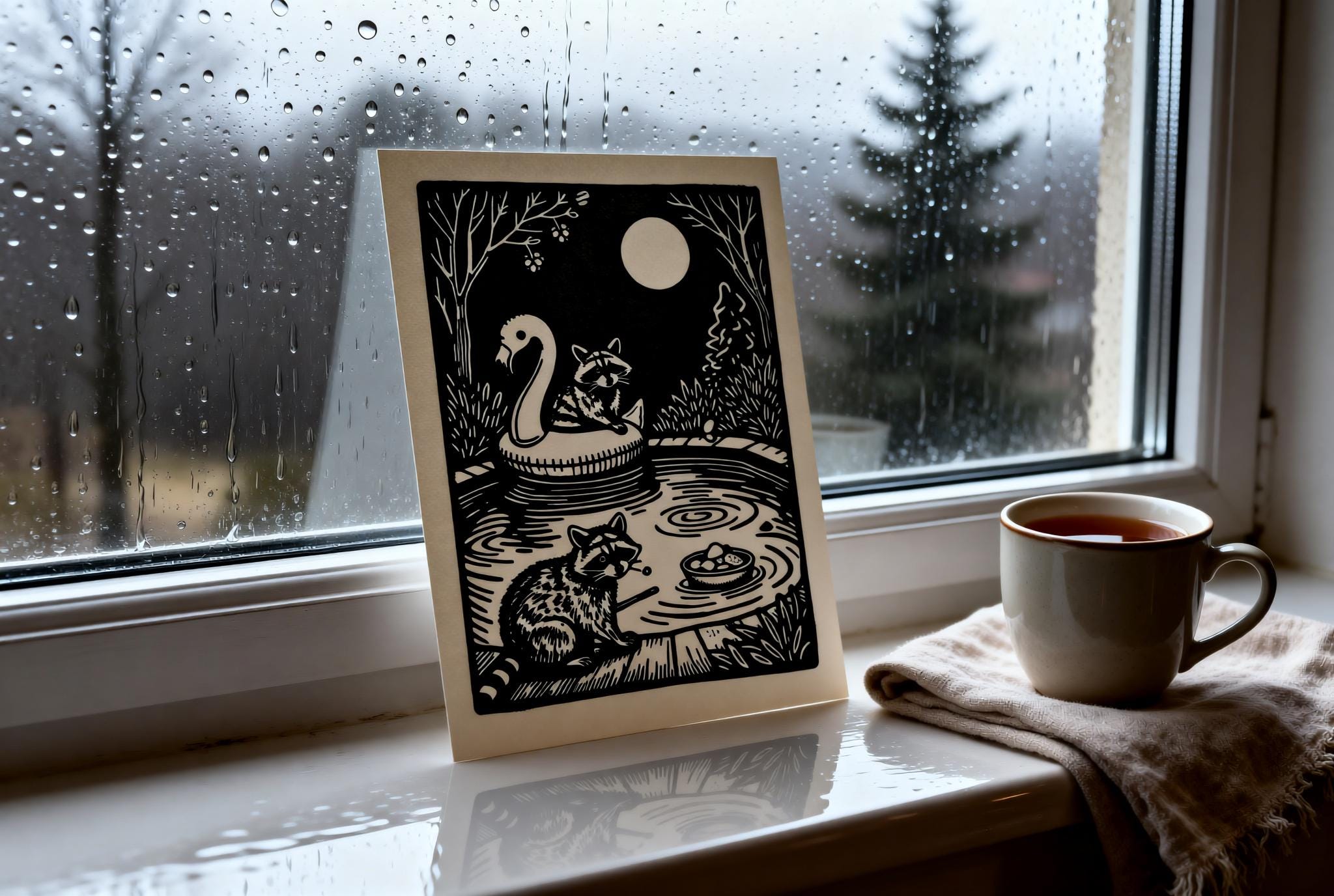 Original linocut print Raccoon Pool Party Linocut Print — ink texture and paper detail view