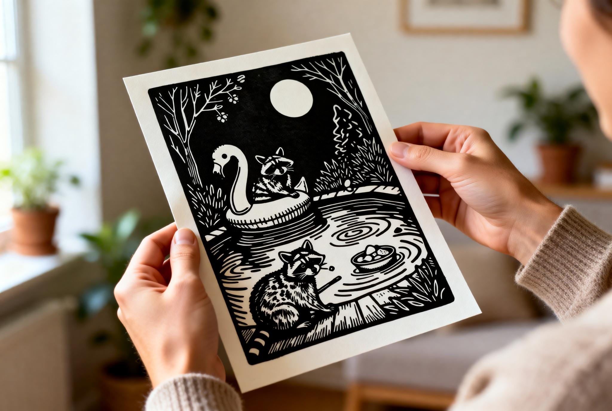 Hand-printed Raccoon Pool Party Linocut Print A5 art print — black ink on white cotton paper