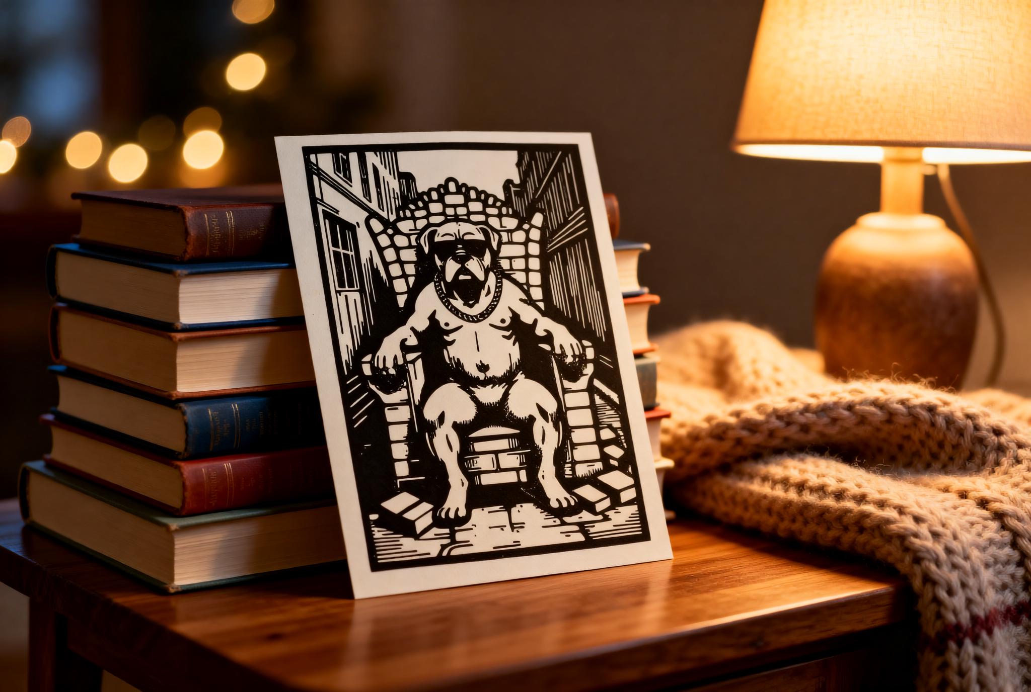 Handmade linocut print of a tough bulldog sitting in a chair with a chain in an urban alleyway, tattoo-flash style