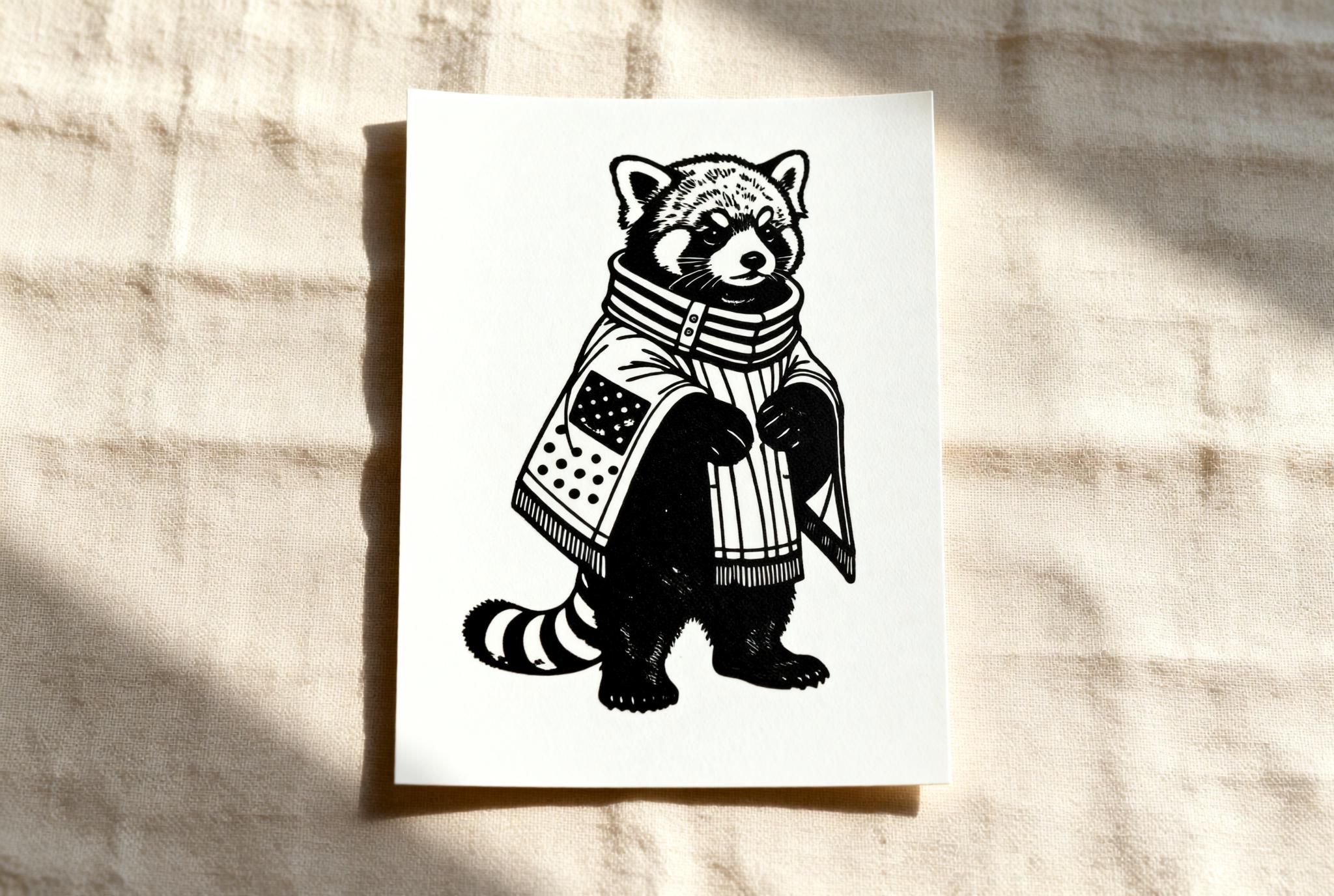Handmade linocut print of a red panda wearing a stylish poncho standing proudly like a woodland fashion icon